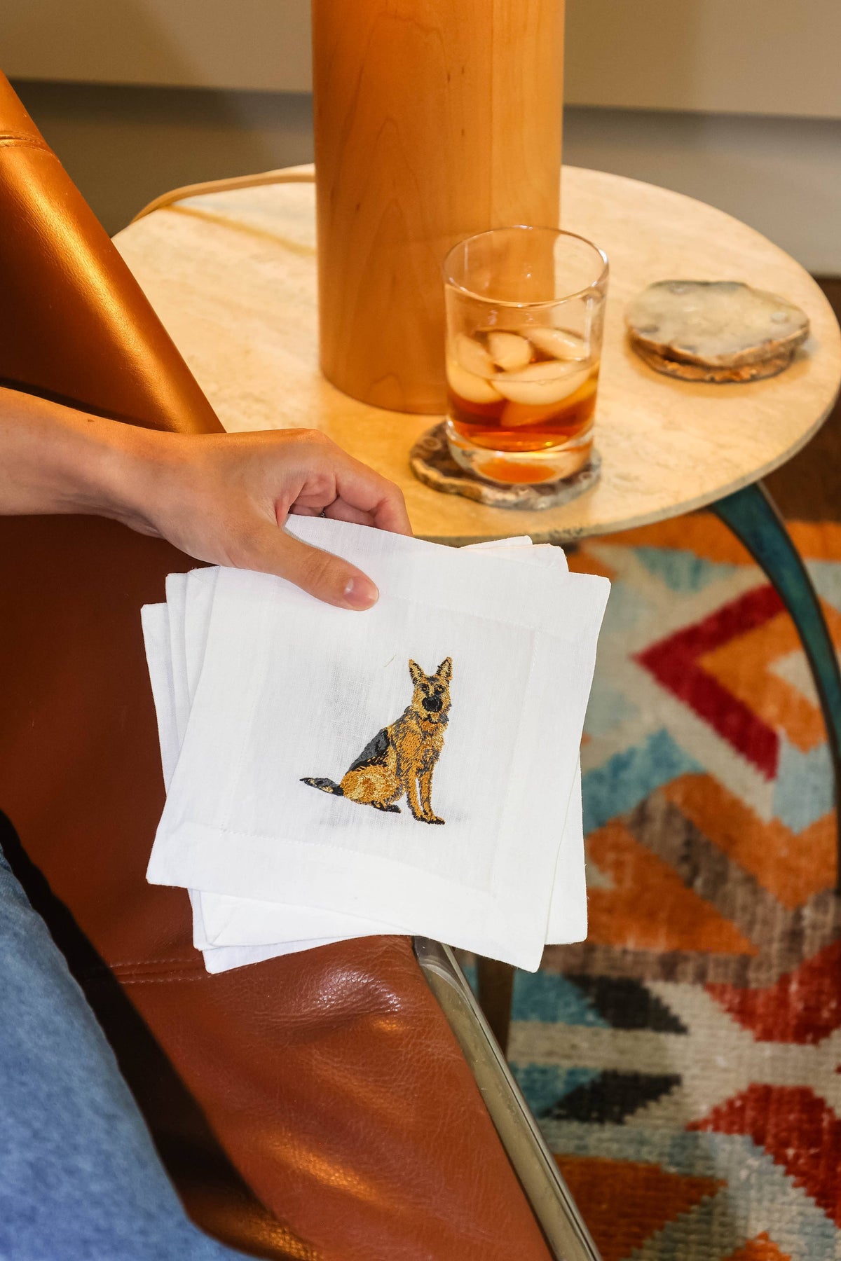 Embroidered Linen Cocktail Napkins - German Shepherd