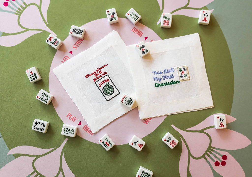 Embroidered Linen Cocktail Napkins - Mahjong