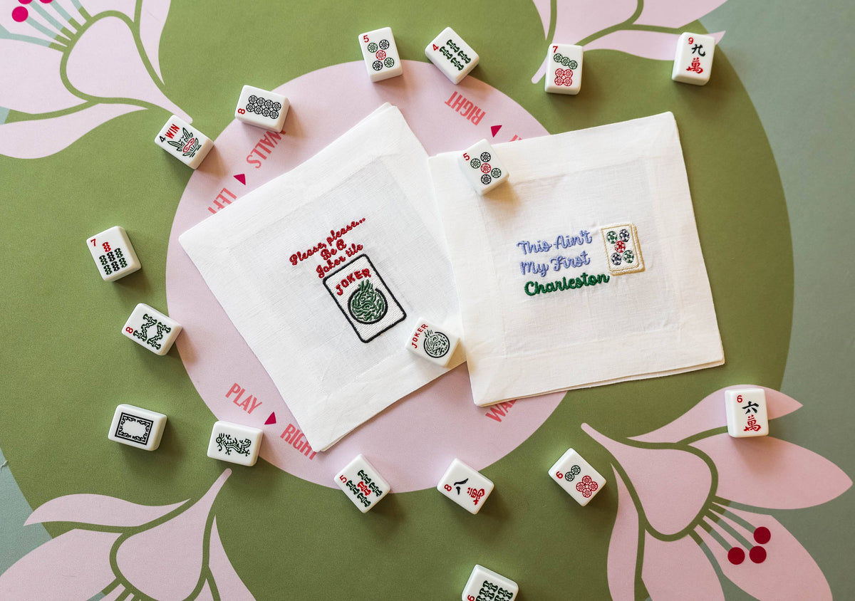 Embroidered Linen Cocktail Napkins - Mahjong