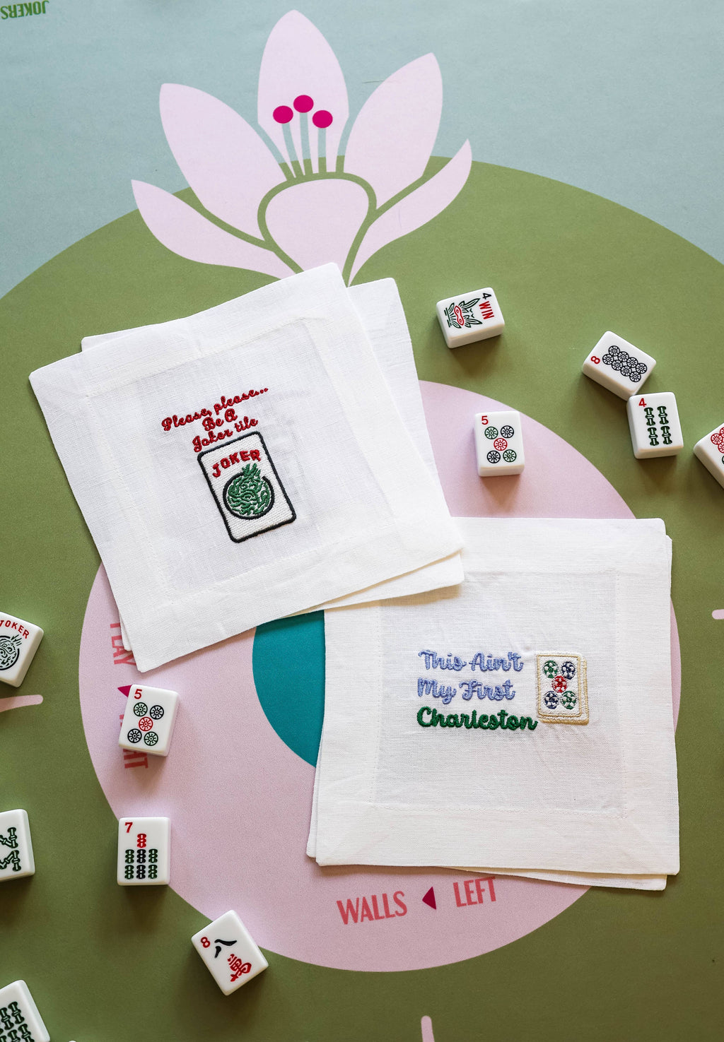 Embroidered Linen Cocktail Napkins - Mahjong