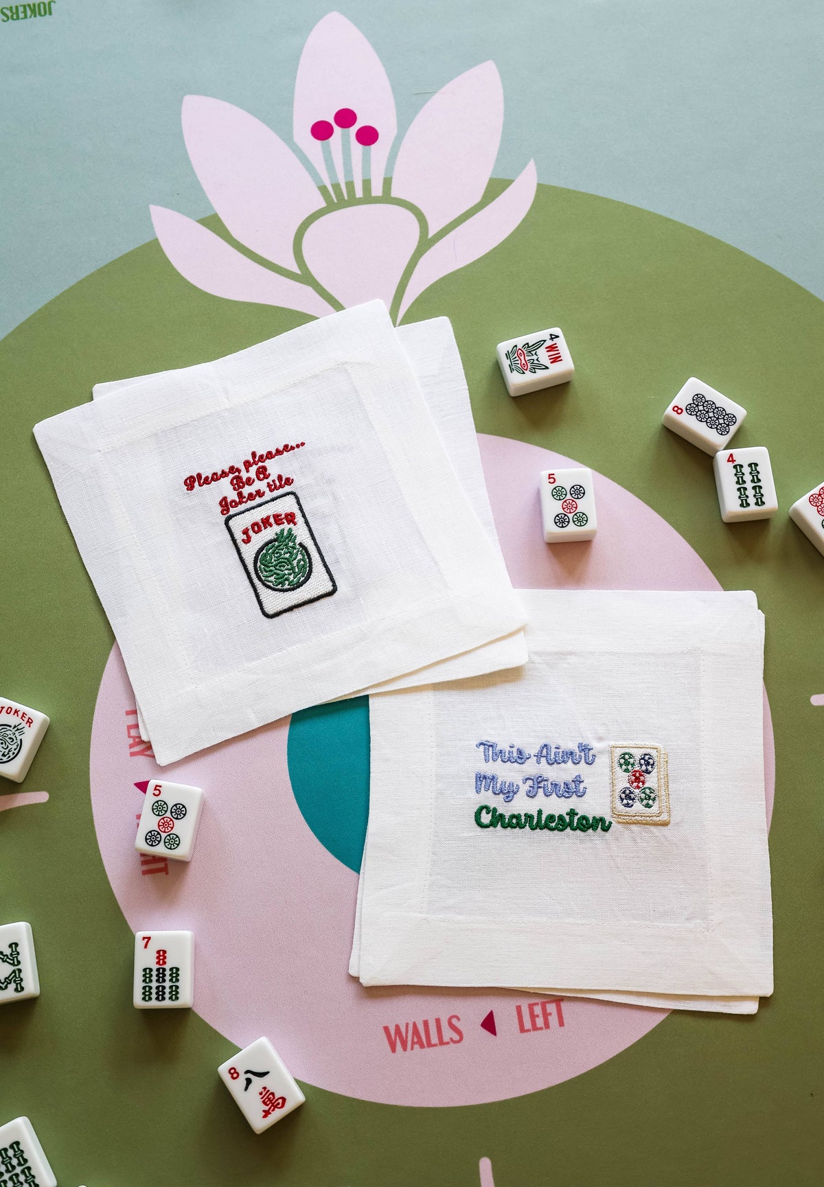 Embroidered Linen Cocktail Napkins - Mahjong