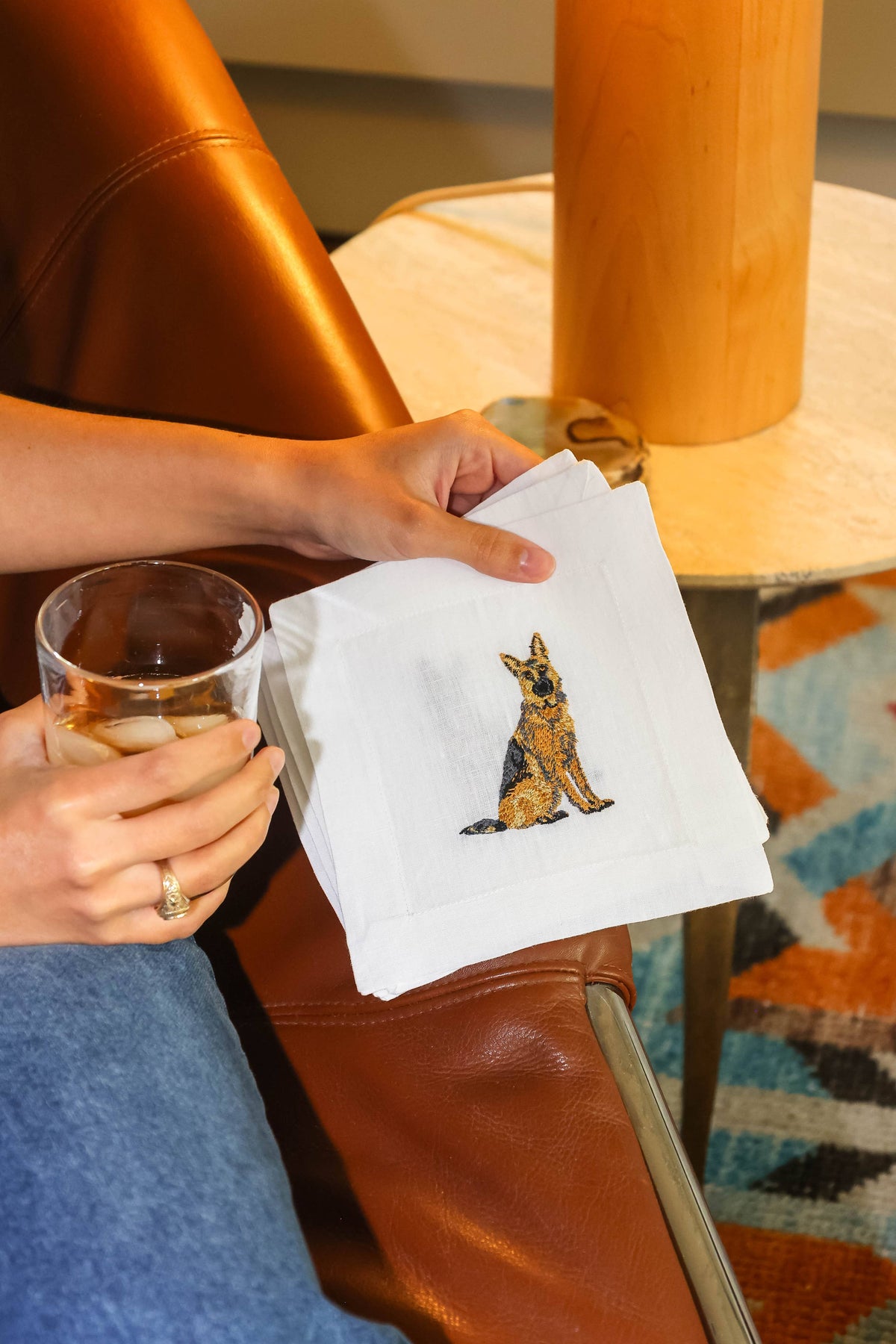 Embroidered Linen Cocktail Napkins - German Shepherd