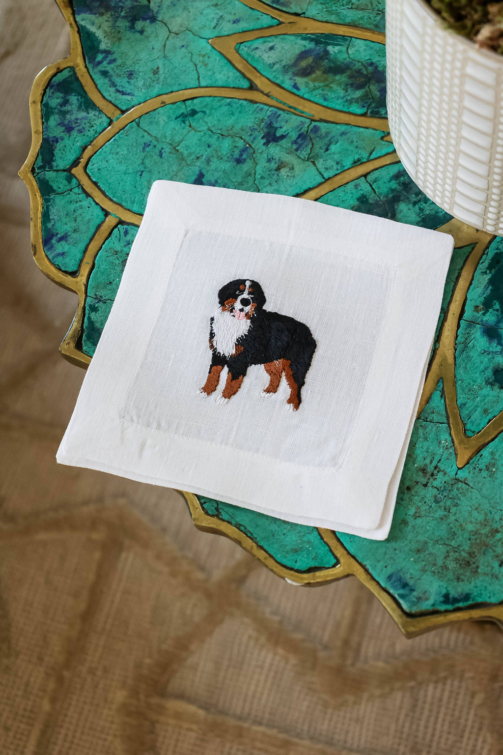 Embroidered Linen Cocktail Napkins - Bernese Mountain Dog