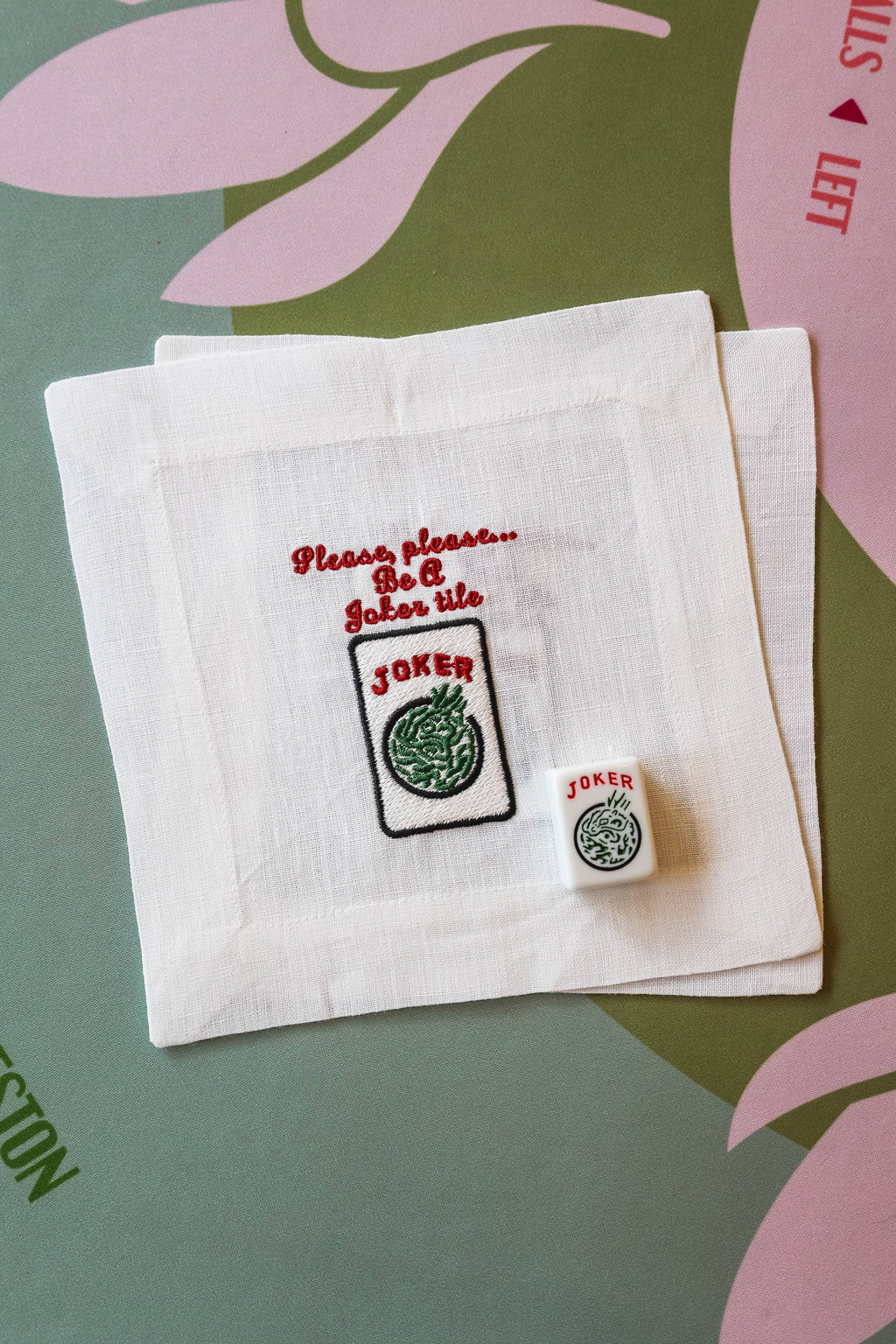 Embroidered Linen Cocktail Napkins - Mahjong