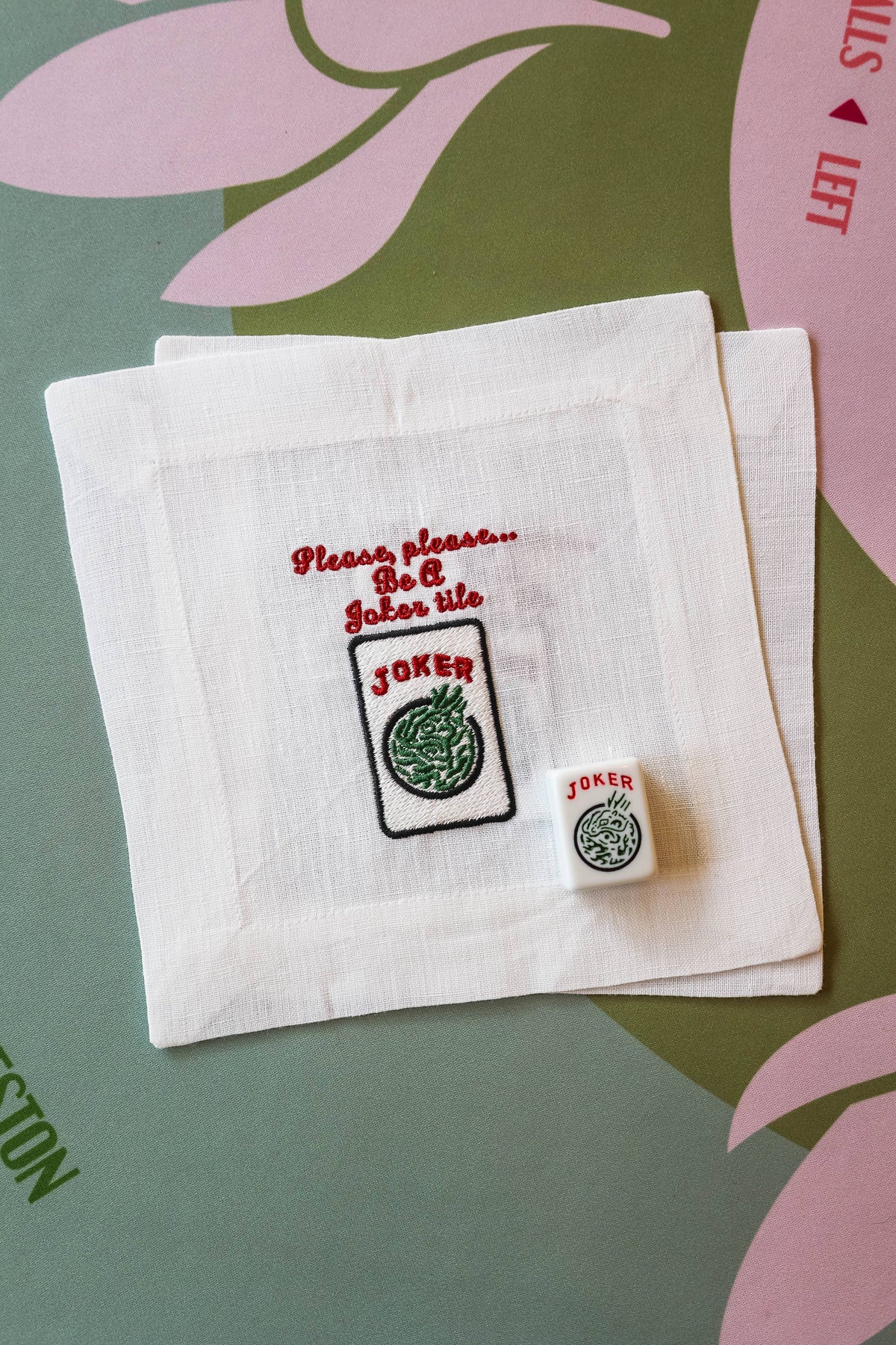 Embroidered Linen Cocktail Napkins - Mahjong