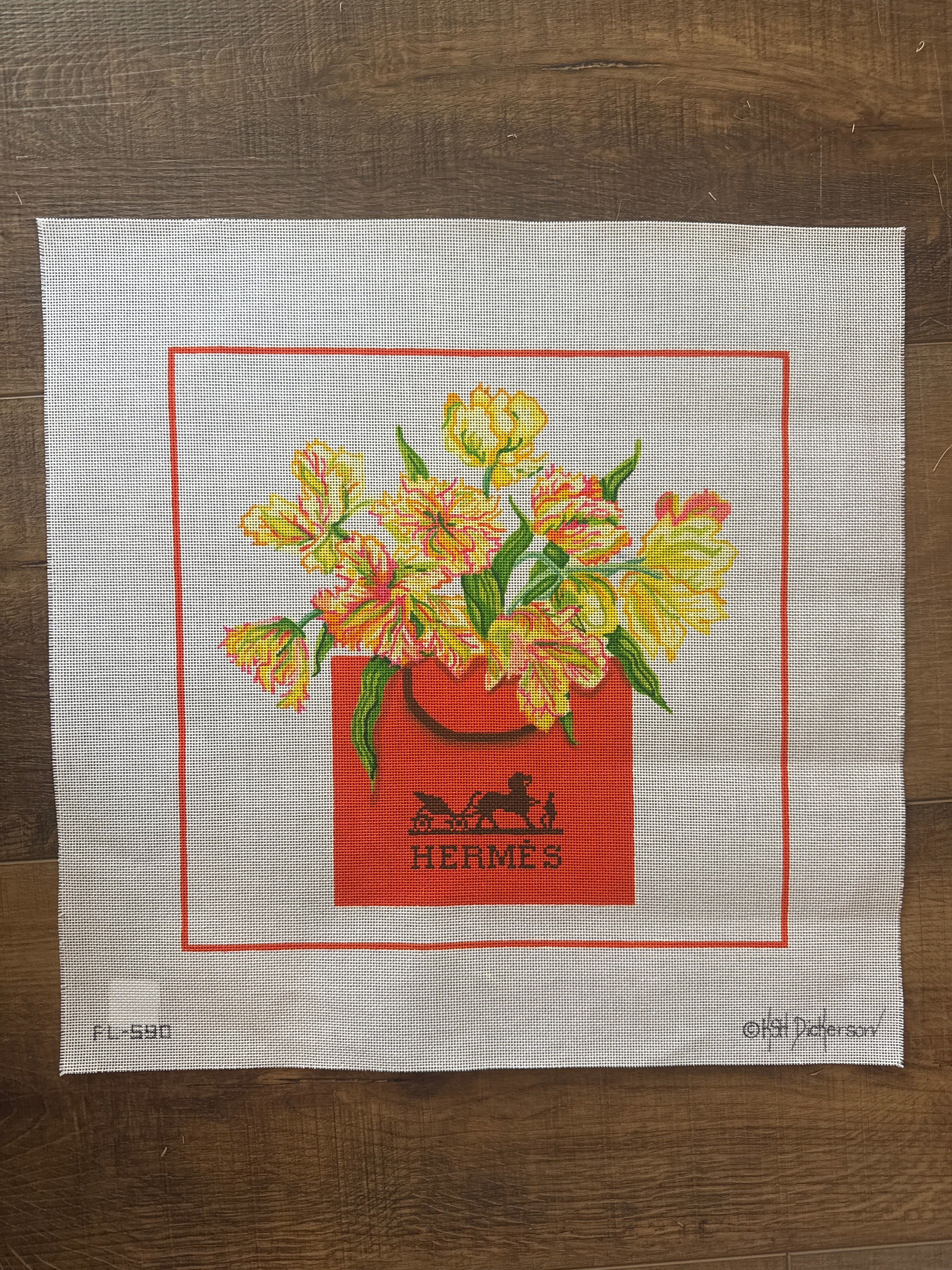 Parrot Tulips in an Hermes Shopping Bag | Needlepoint Canvas