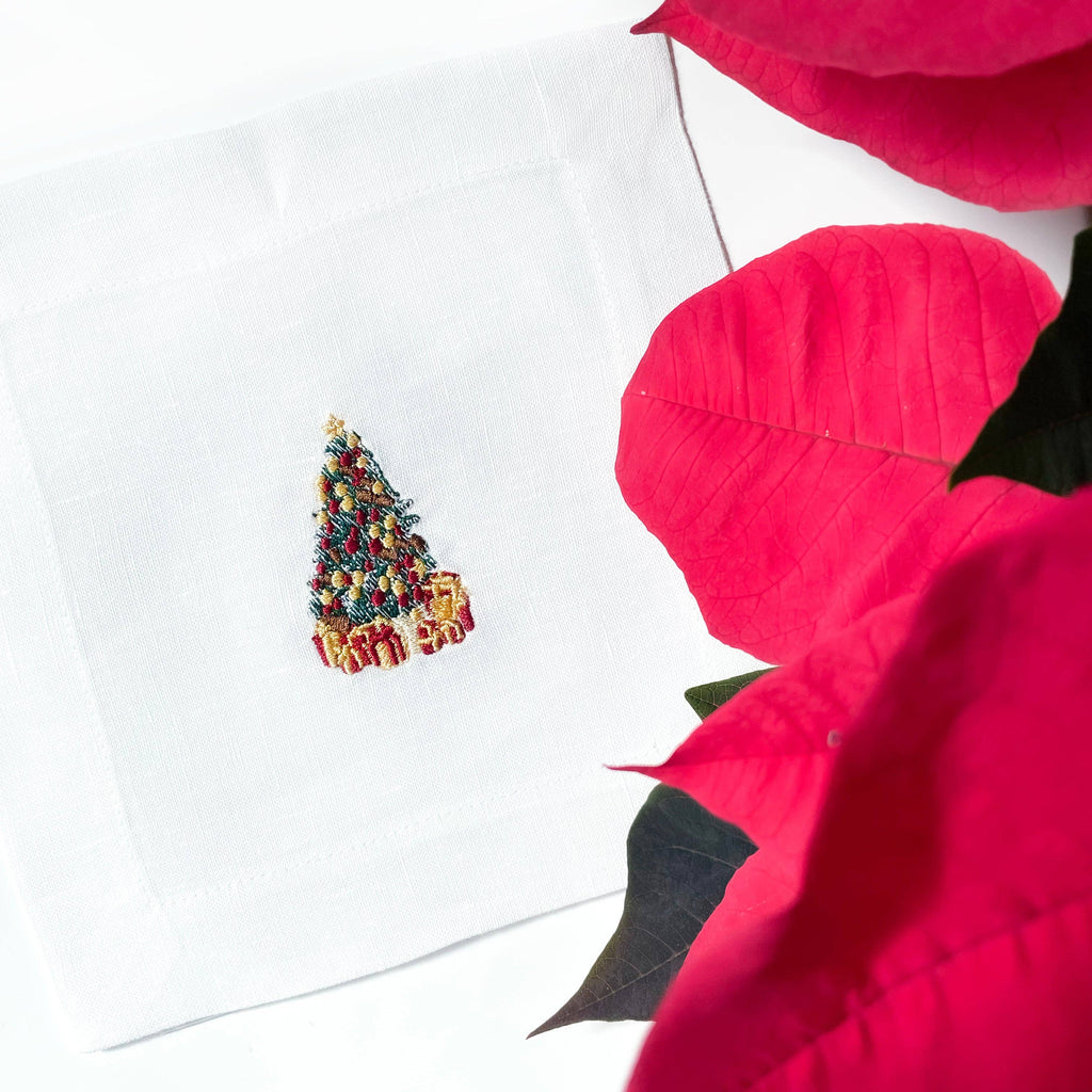 Embroidered Linen Cocktail Napkins - Christmas