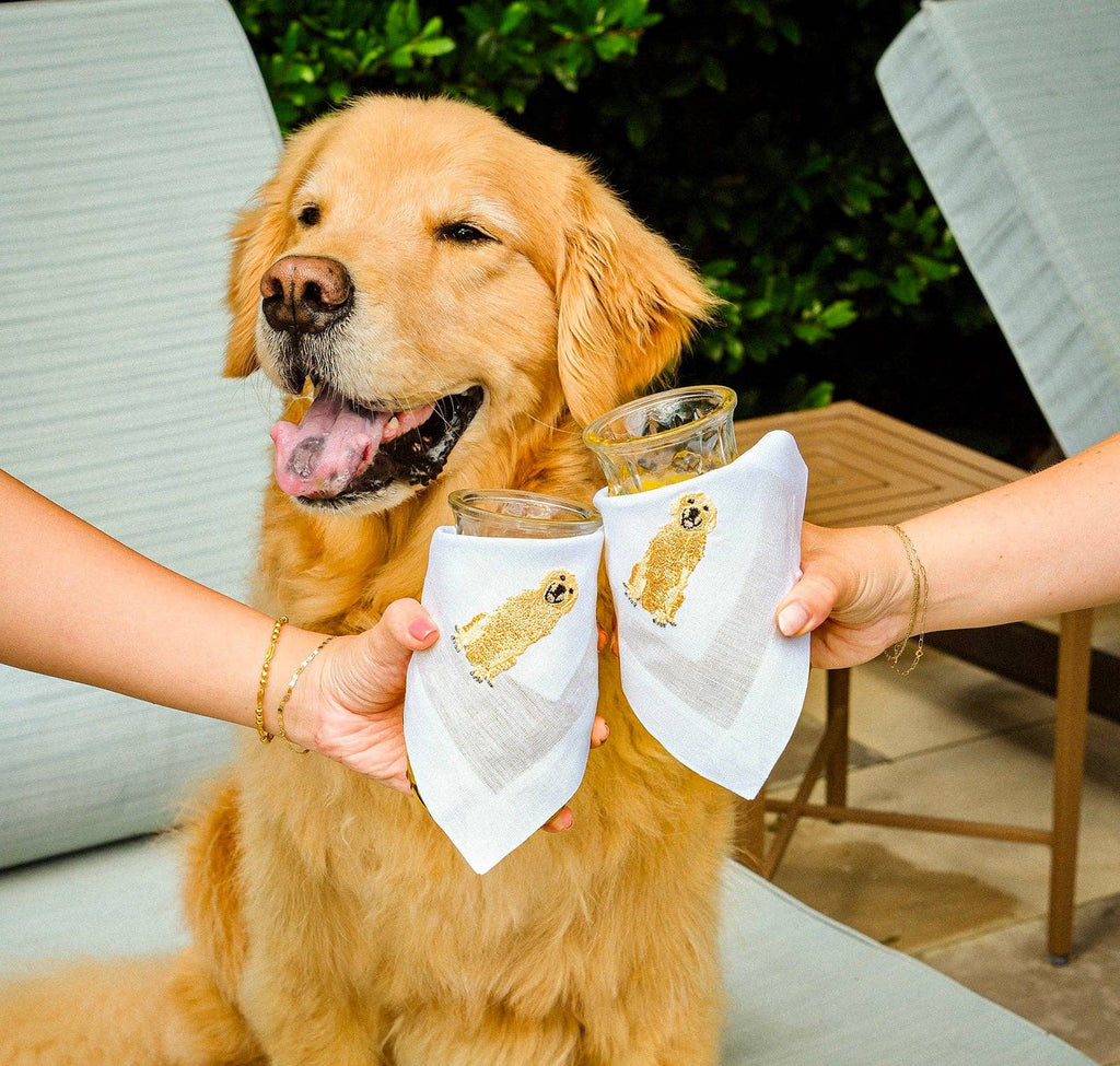 Embroidered Linen Cocktail Napkins - Golden Retriever