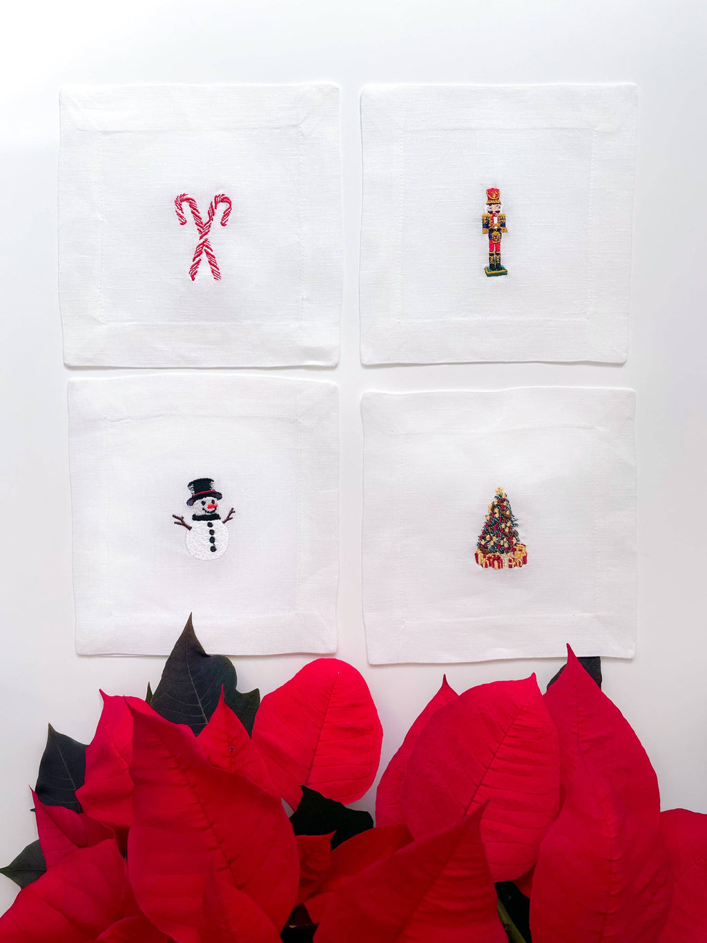 Embroidered Linen Cocktail Napkins - Christmas