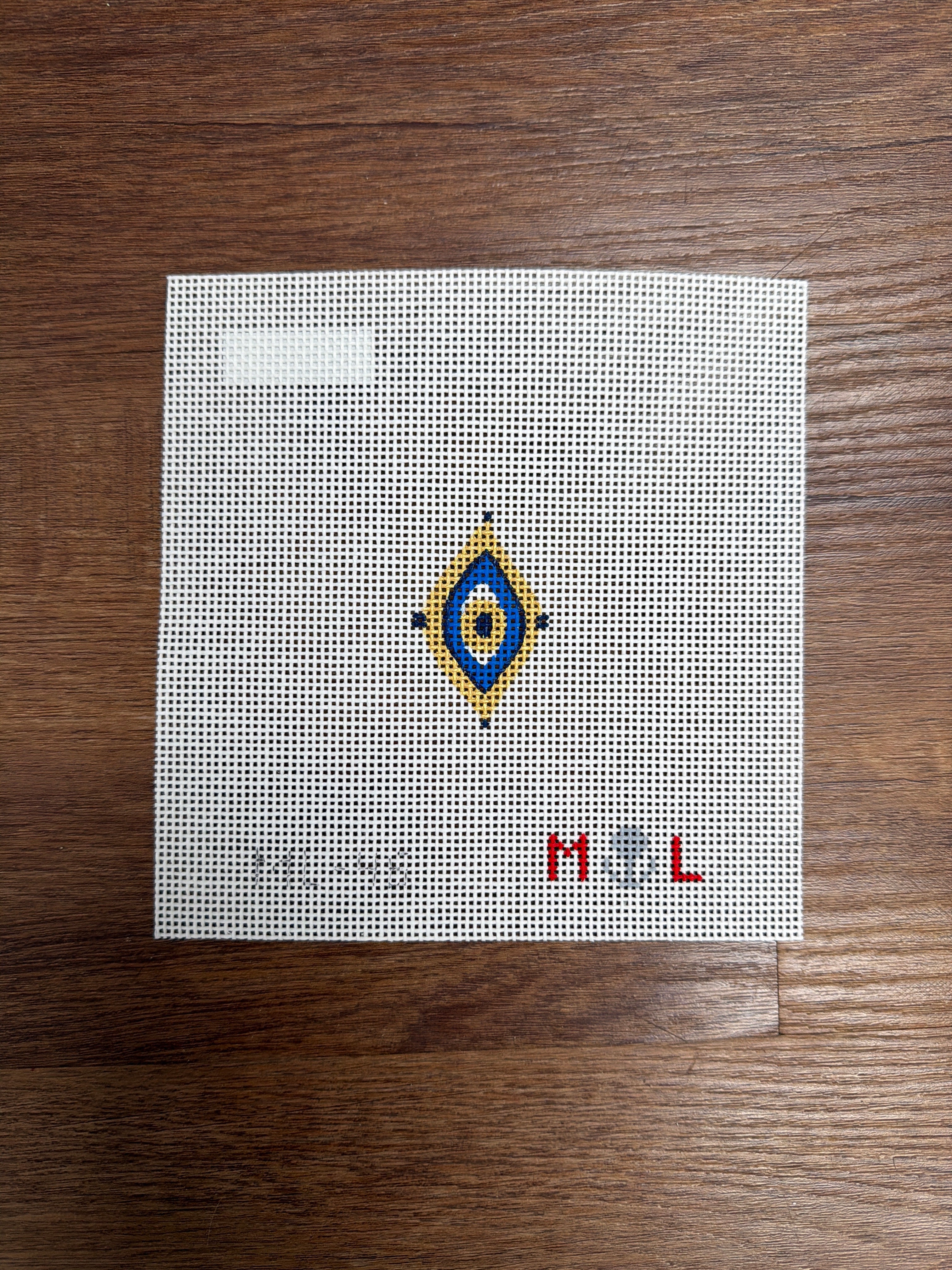 Evil Eye bag tag needlepoint canvas by Maiden Lane
