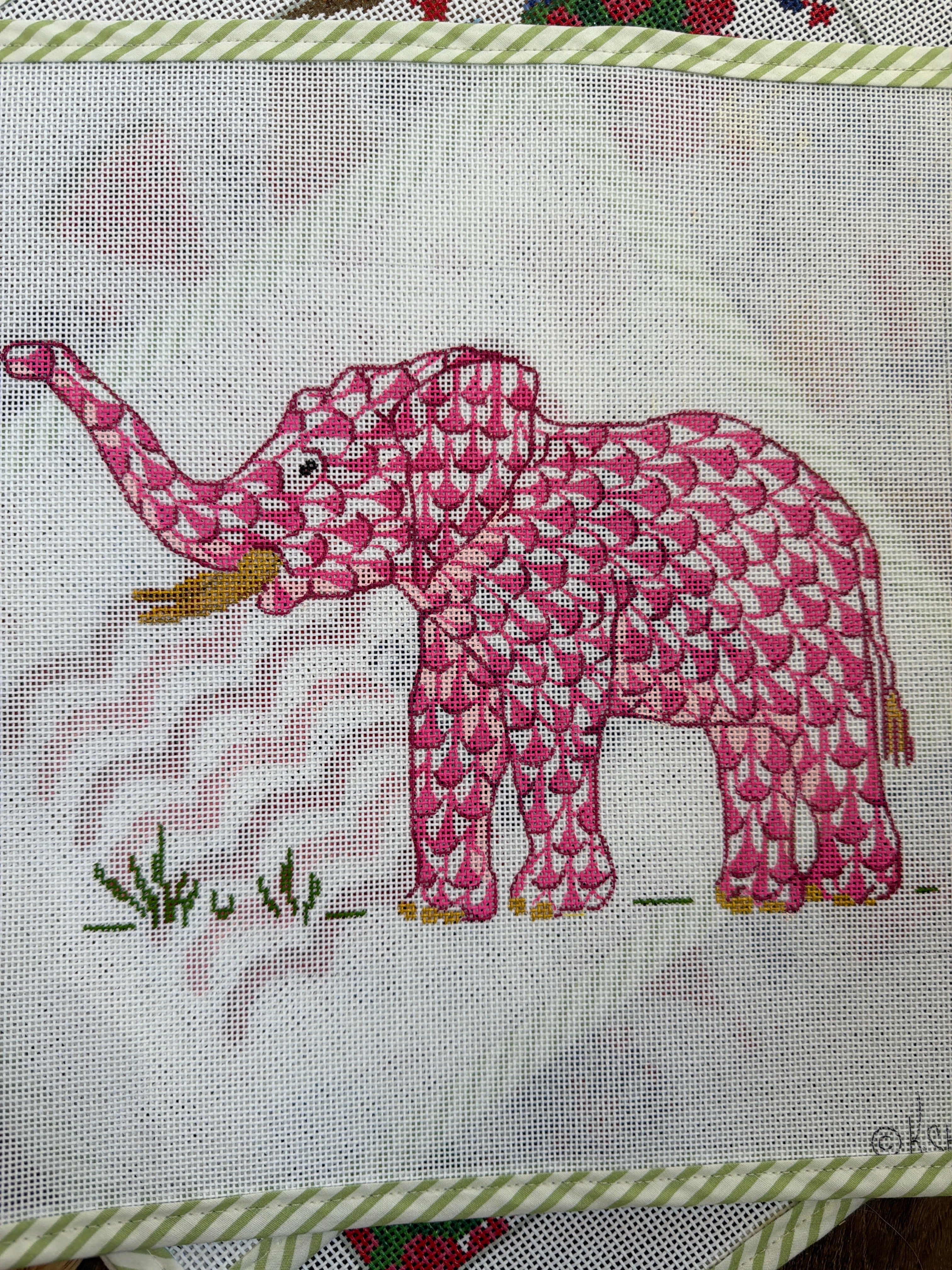 Herend-Inspired Elephant with Trunk Up-Pink | Needlepoint Canvas