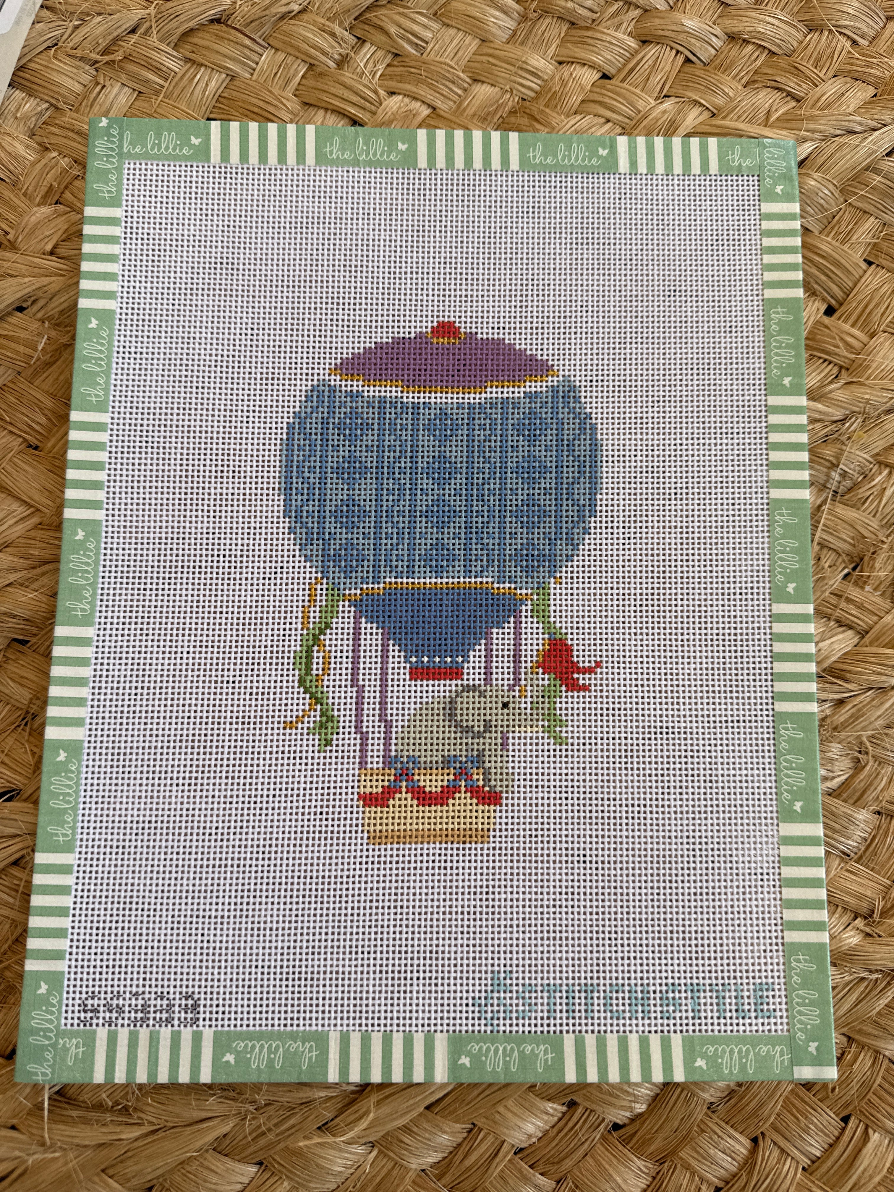 Blue and Purple Hot Air Balloon with Elephant | Needlepoint Canvas