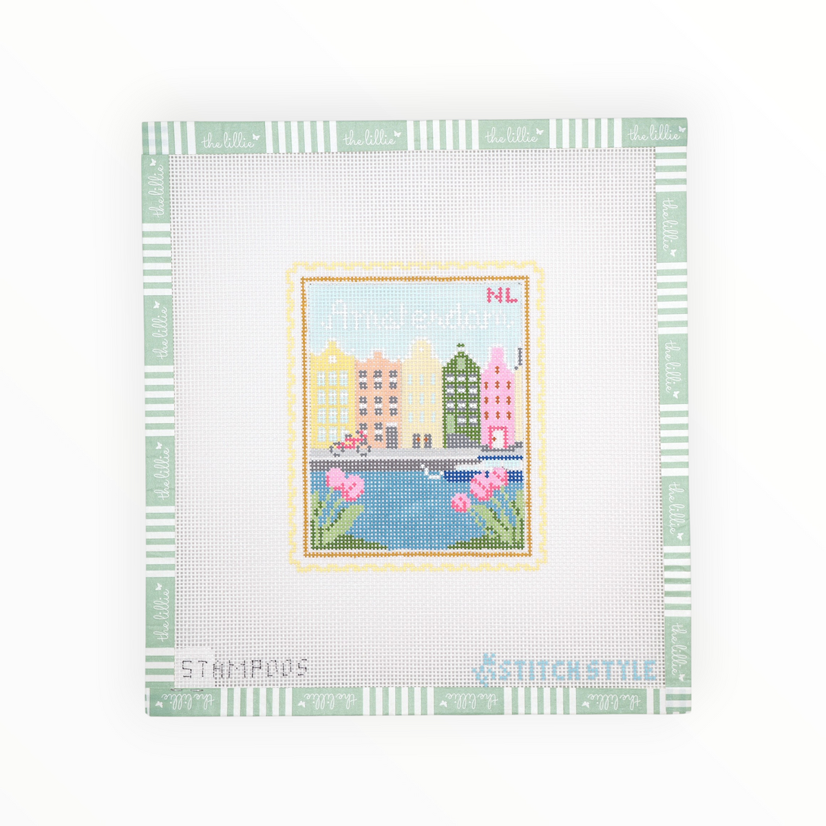 Amsterdam Travel Stamp needlepoint canvas by Stitch Style