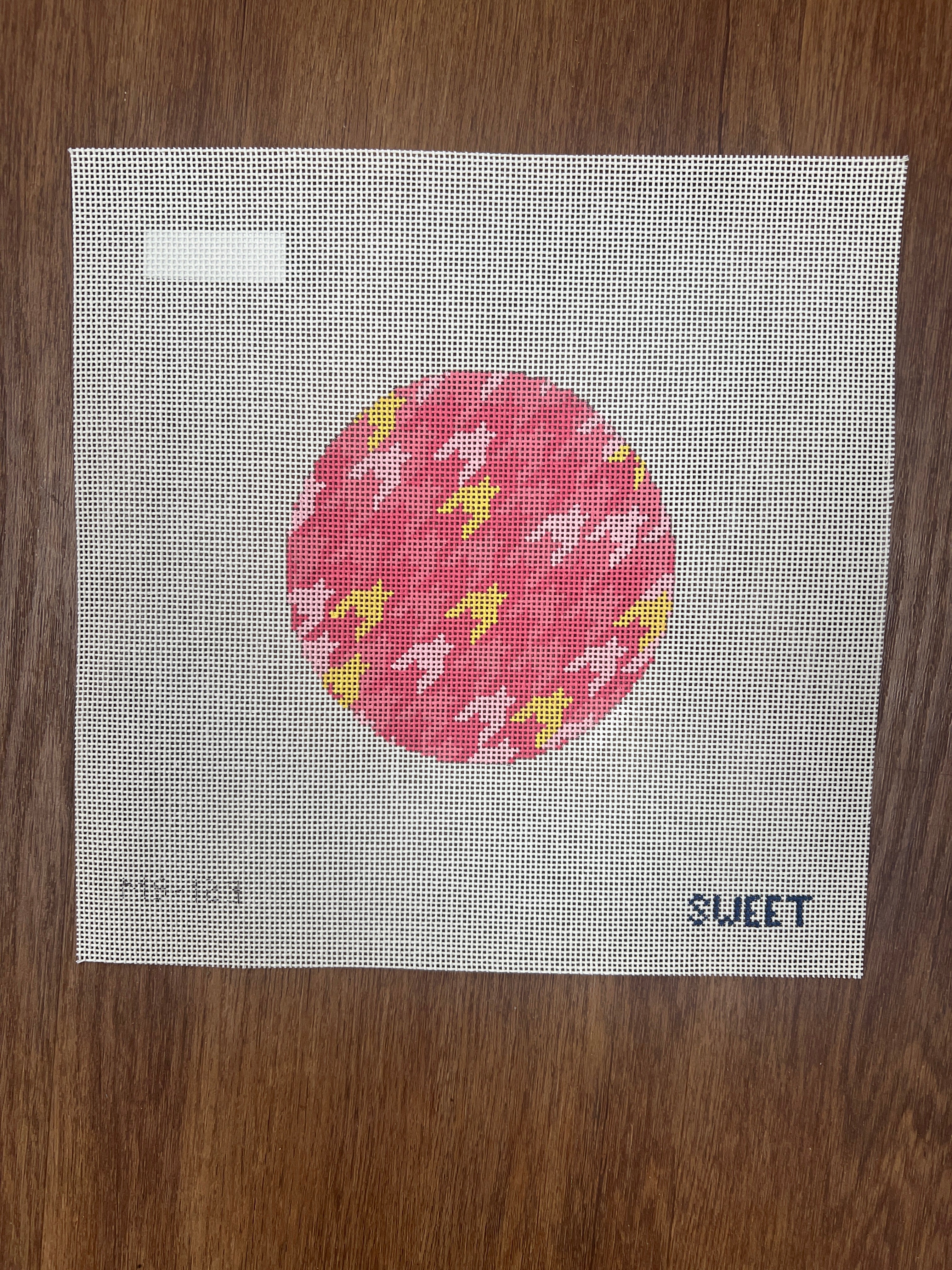 Gold and Pink Houndstooth Round needlepoint canvas by Maddie Sweet Designs