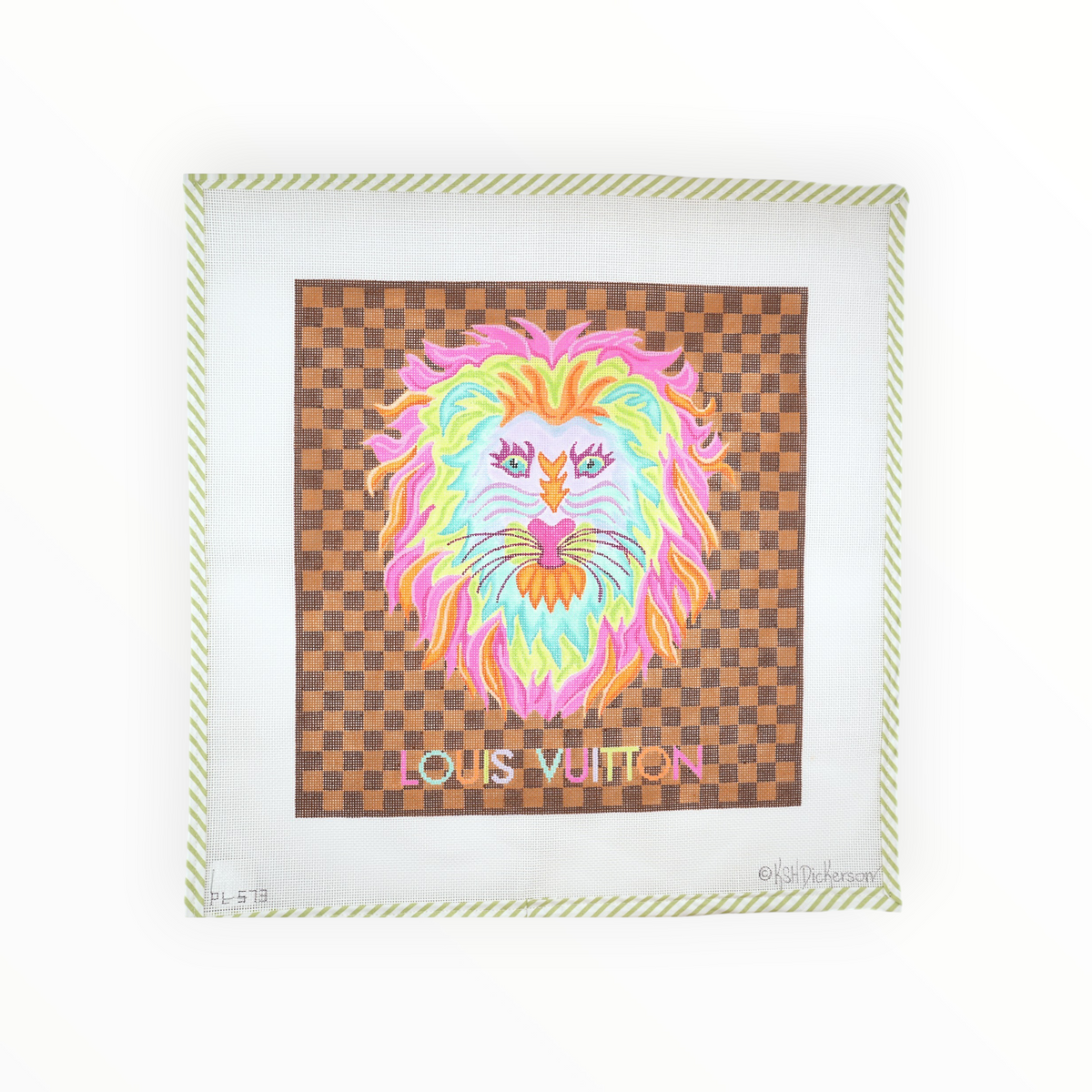 Colorful Lion on Brown Checkerboard needlepoint canvas by Kate Dickerson