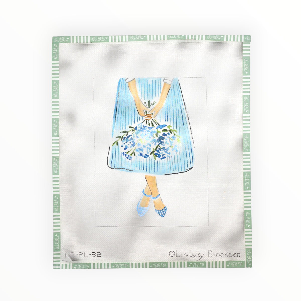 Blue Flowers on Striped Skirt needlepoint canvas by Kate Dickerson