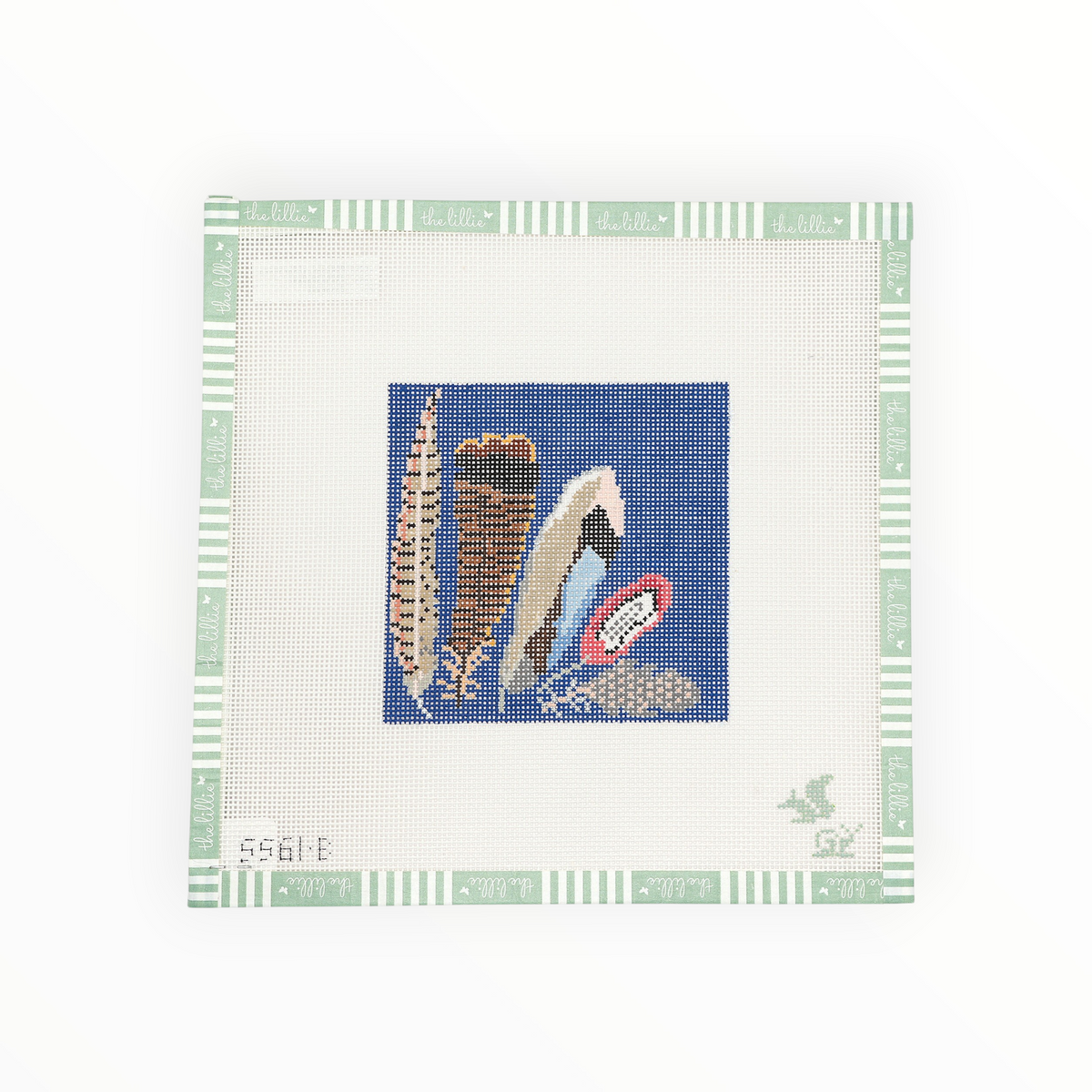 Game Bird Feathers Coaster-Blue needlepoint canvas by The Gingham Stitchery