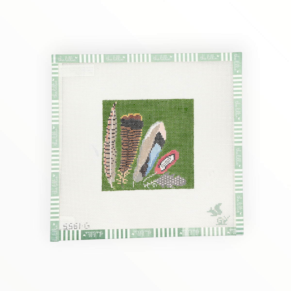Game Bird Feathers Coaster-Green needlepoint canvas by The Gingham Stitchery