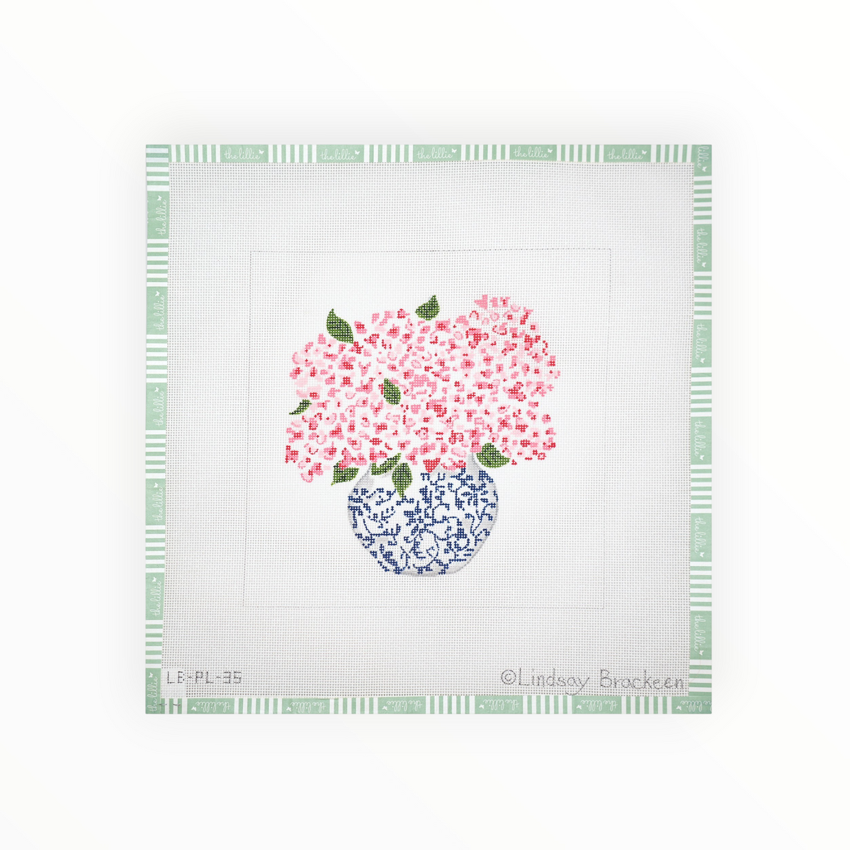 Lindsay Brackeen Blue Chinoiserie Pot w/ Pink Hydrangeas needlepoint canvas by Kate Dickerson
