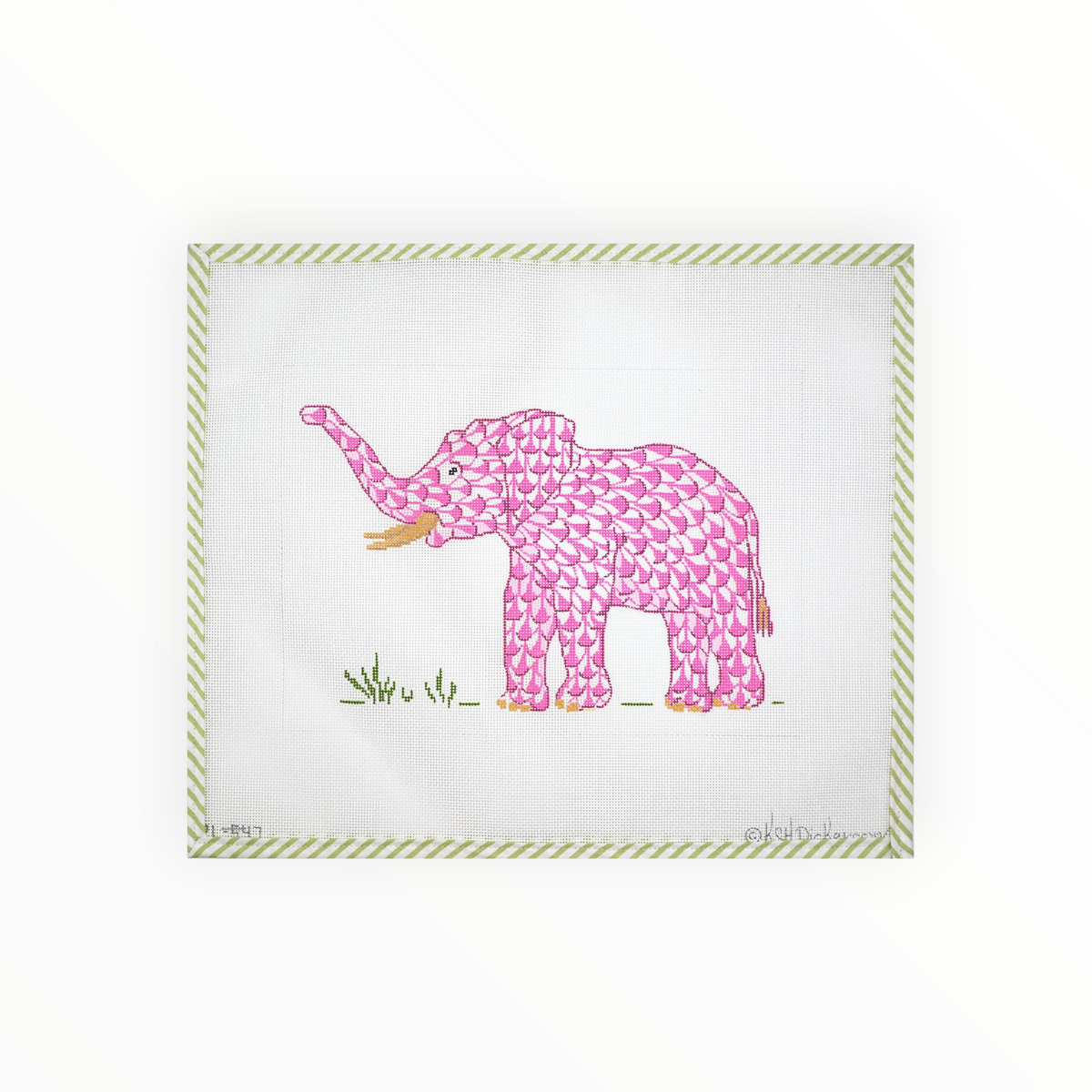 Herend-Inspired Elephant with Trunk Up-Pink needlepoint canvas by Kate Dickerson