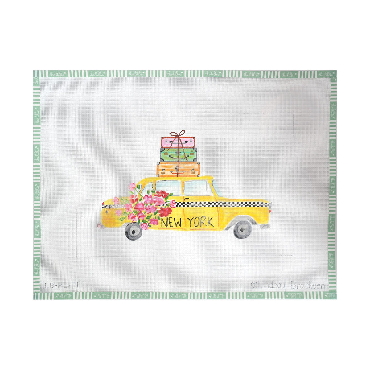 New York Yellow Cab w/ Flowers & Suitcases needlepoint canvas by Kate Dickerson, 18 mesh