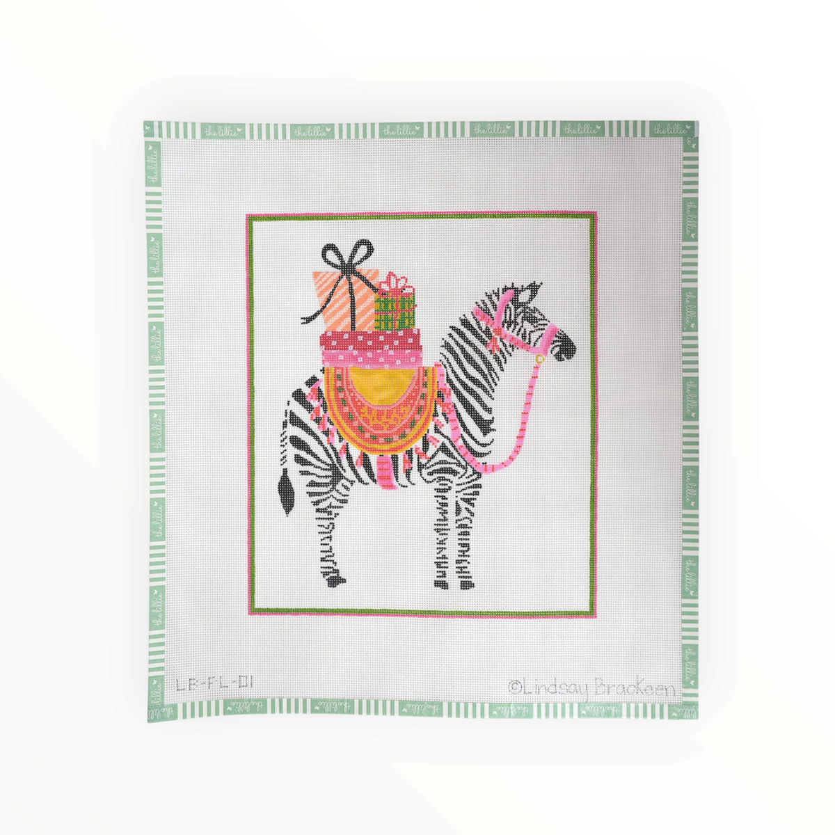 Party Animal Zebra w/ Gifts & Pink Harness needlepoint canvas by Lindsay Bracken, 18 mesh