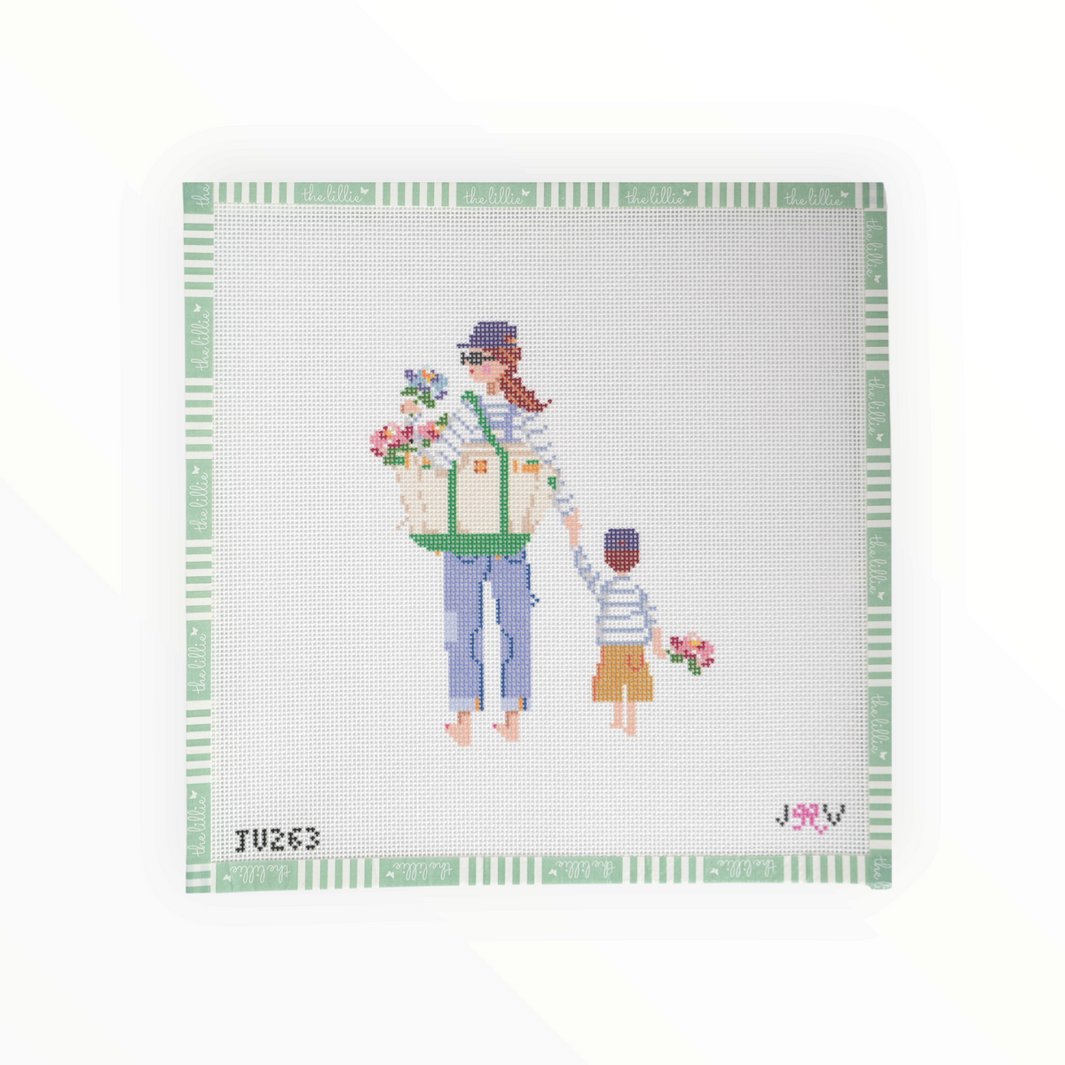 Mother & Child – Brunette with Son needlepoint canvas by Jennifer Vallez Needlepoint, 18 mesh
