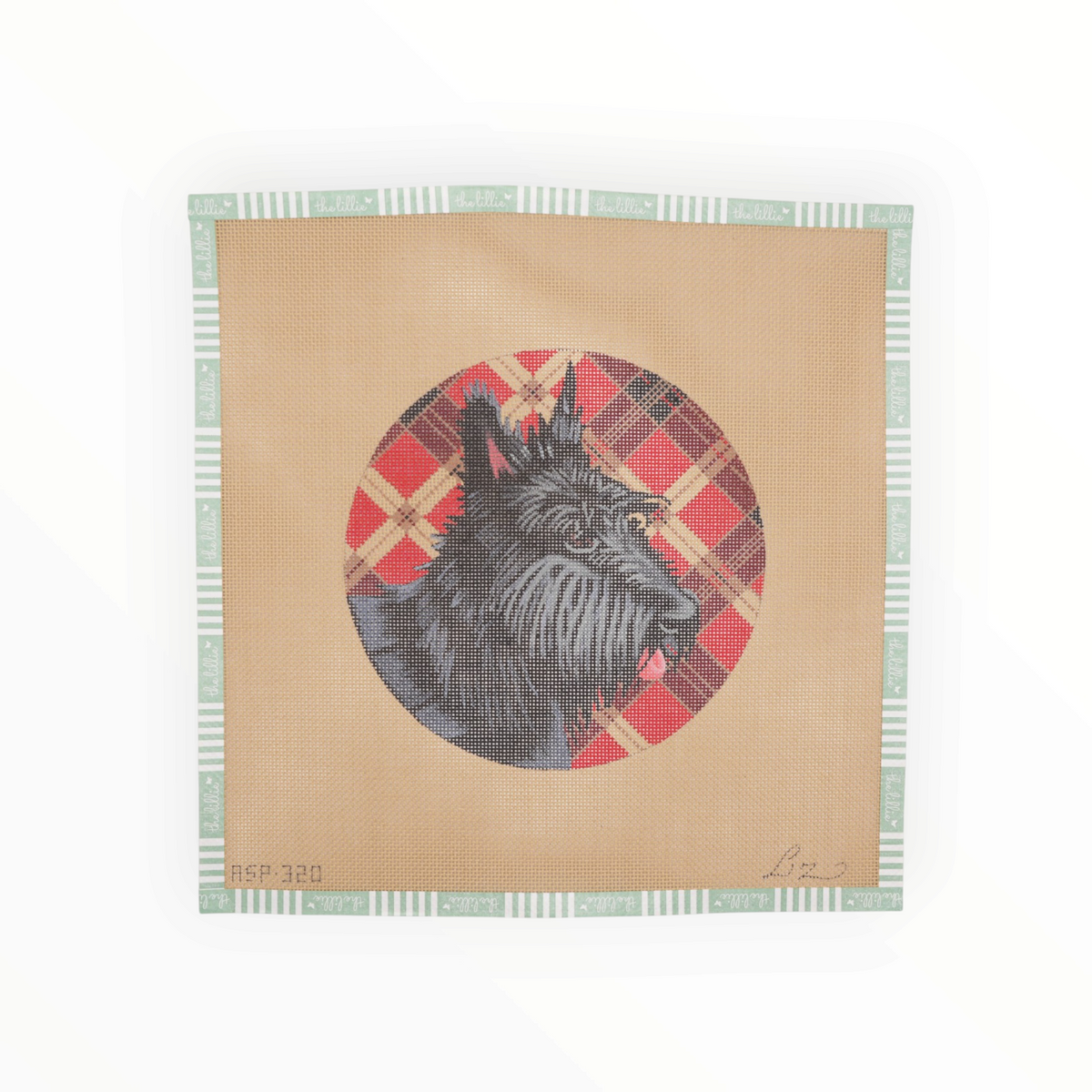 Black Scottie Plaid Round needlepoint canvas by Liz Goodrick-Dillon, 18 mesh