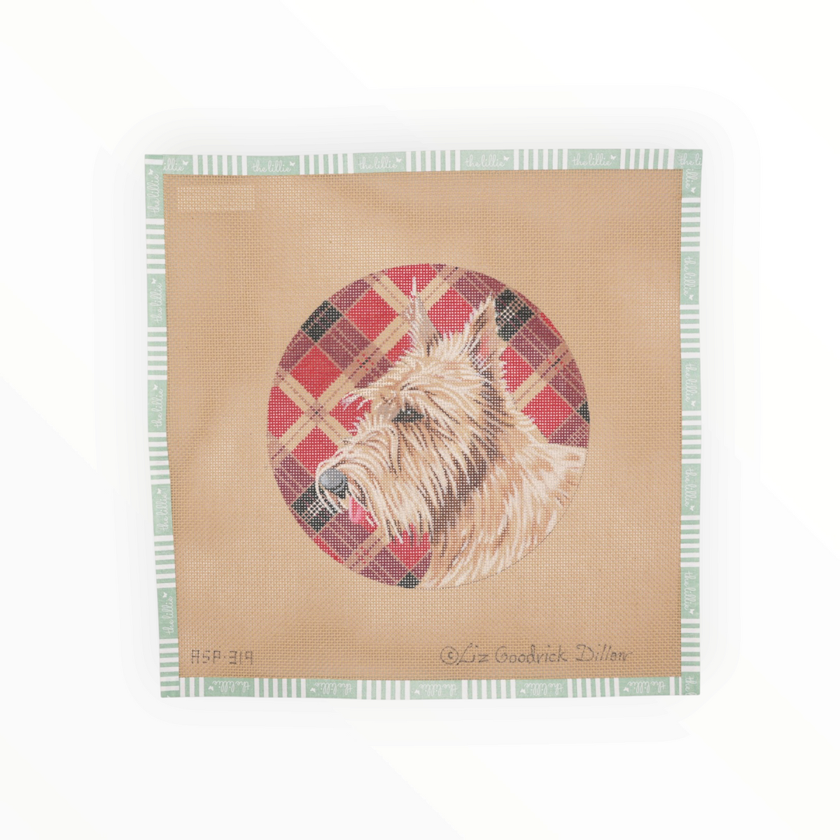 Golden Scottie Plaid Round needlepoint canvas by Liz Goodrick-Dillon, 18 mesh