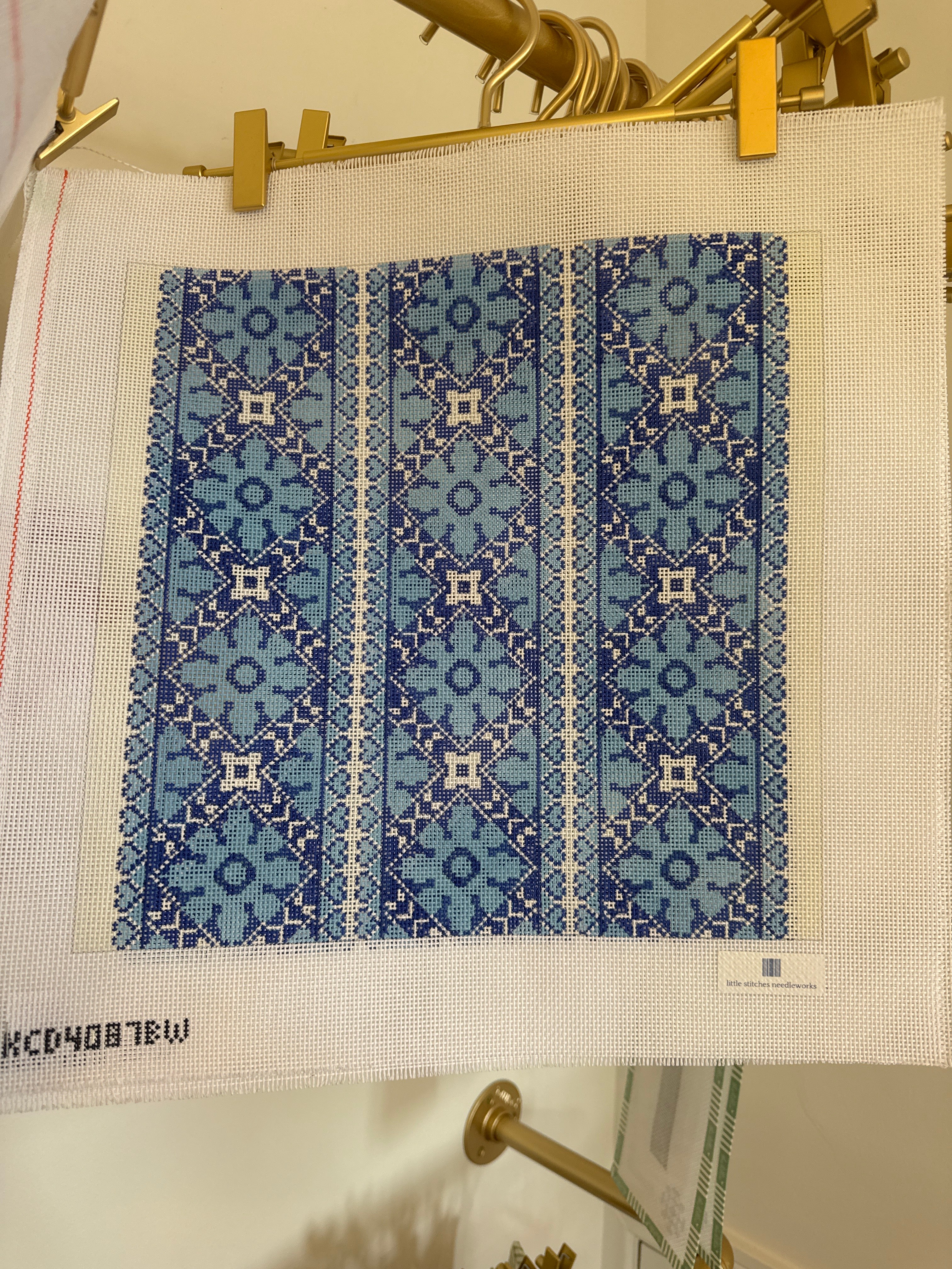 Hearts Medallion Pillow – Blue | Needlepoint Canvas