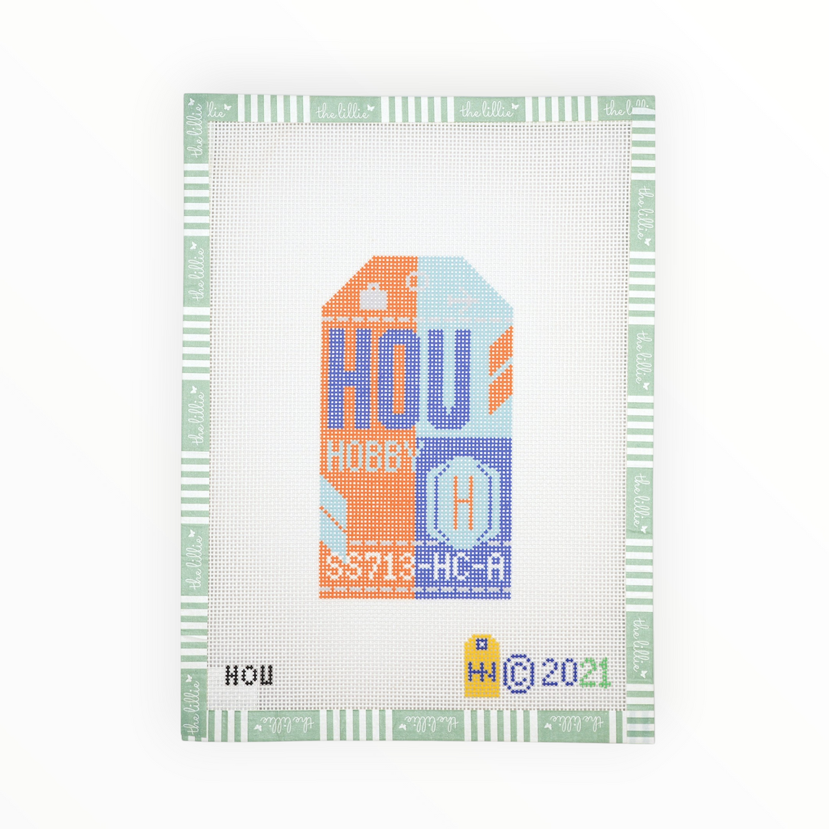 Houston Hobby Retro Travel Tag needlepoint canvas by Hedgehog Needlepoint