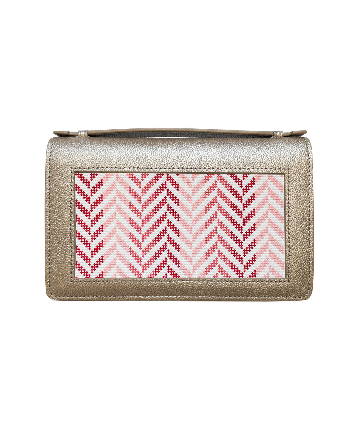 Mini Herringbone clutch in coral, finished example of the Initial K Studio needlepoint canvas