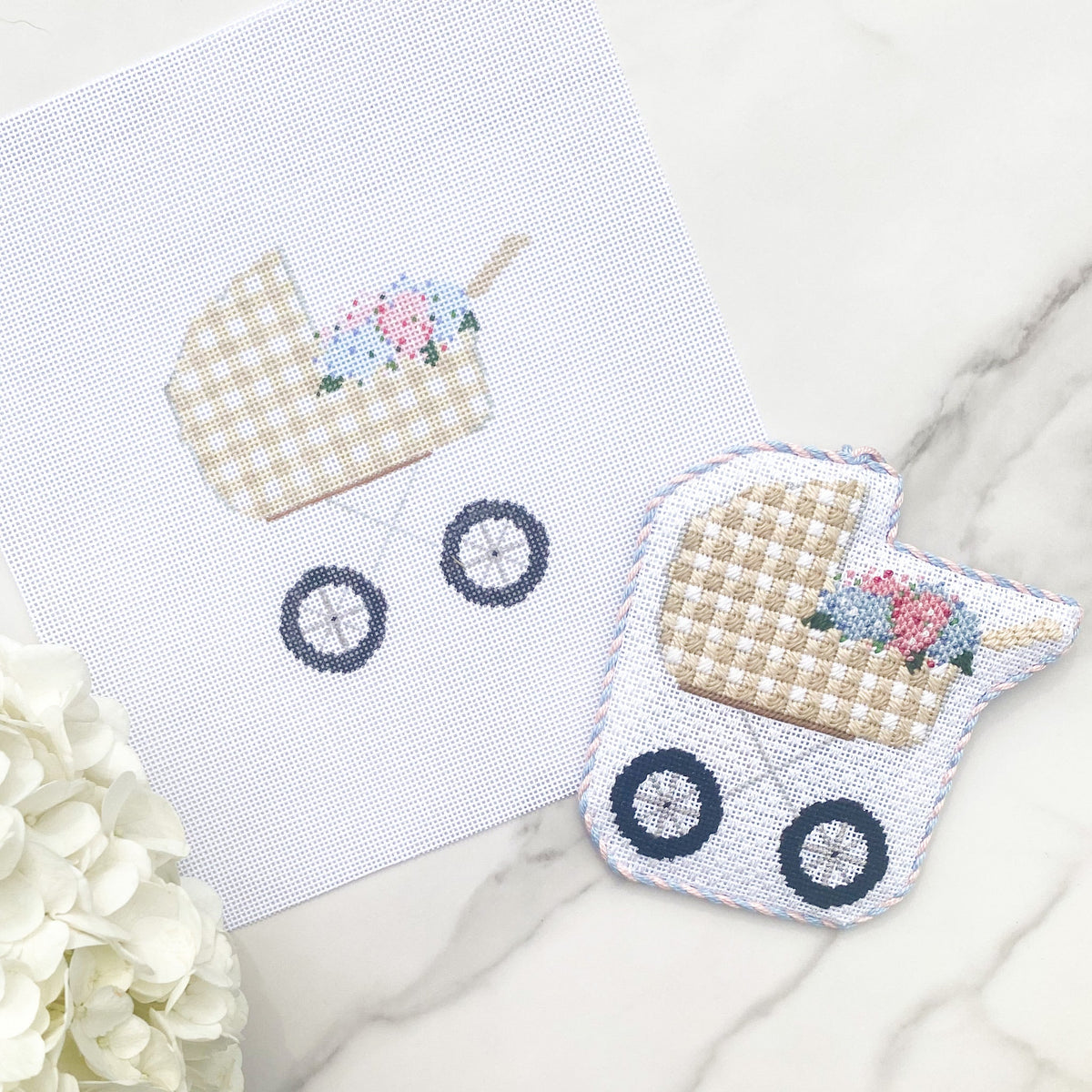 Baby Carriage Tan Gingham Needlepoint Canvas