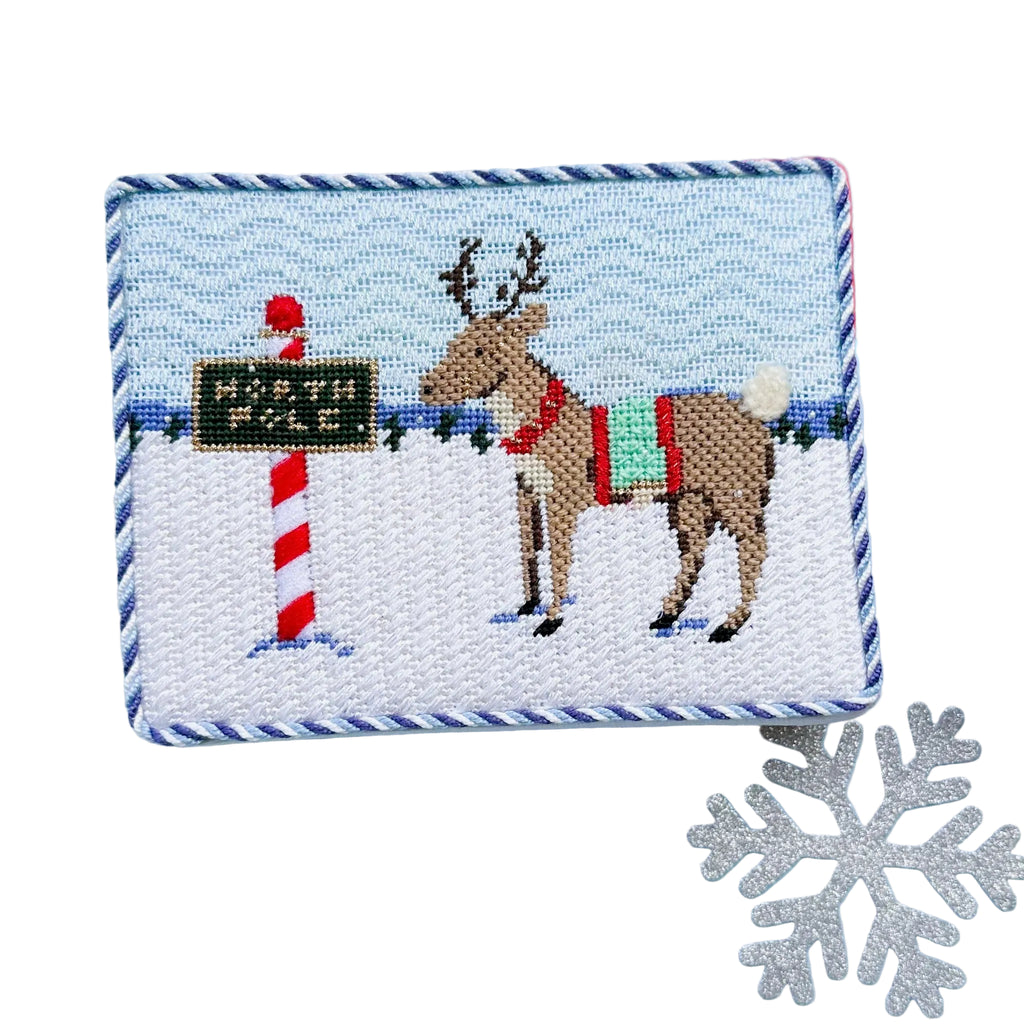 Reindeer with North Pole Sign | Needlepoint Canvas