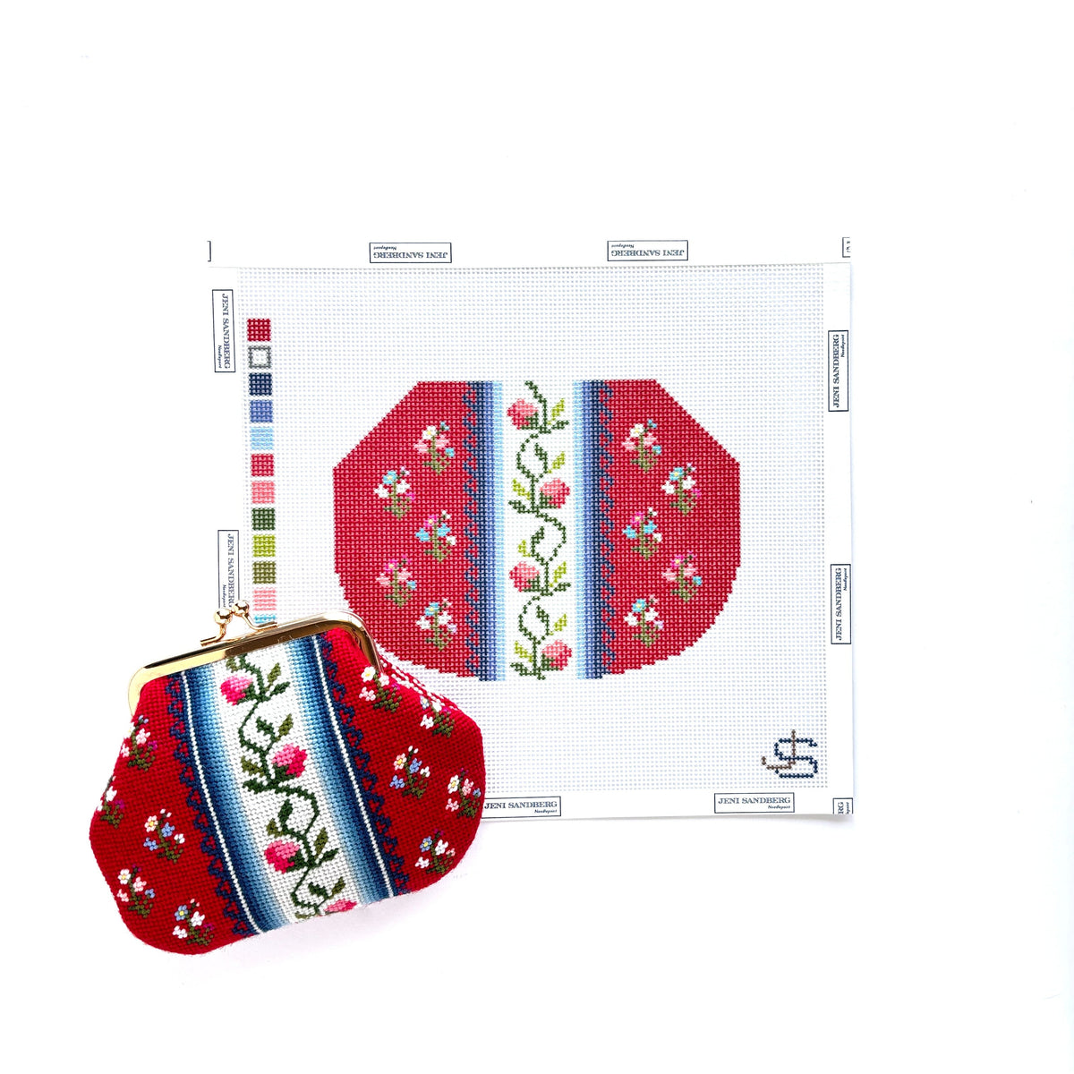 Floral Stripe Kiss Lock Bag – Red needlepoint canvas