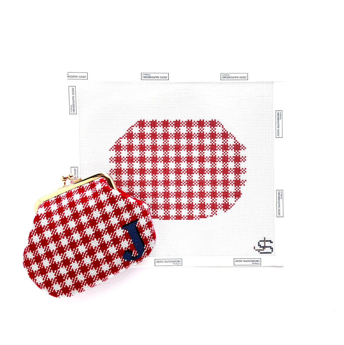 Gingham Kiss Lock Bag – Red needlepoint canvas