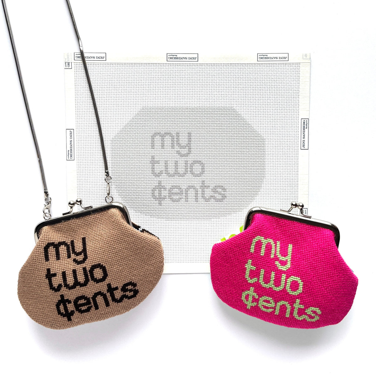 My Two Cents Kiss Lock Bag – Grayscale needlepoint canvas