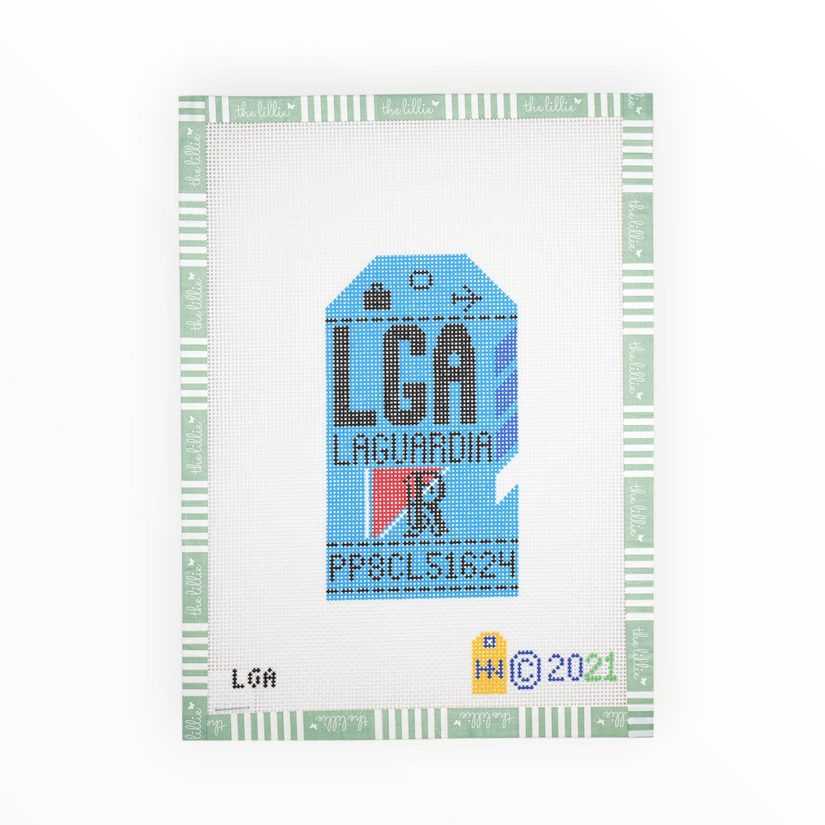 La Guardia New York Retro Travel Tag needlepoint canvas by Hedgehog Needlepoint