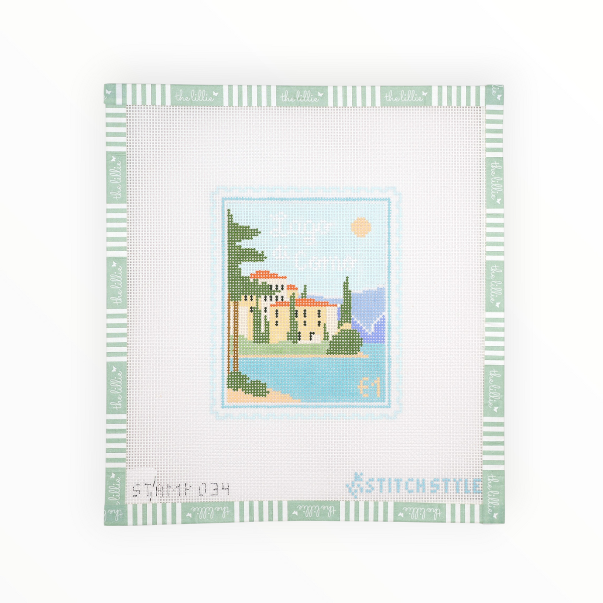Lake Como Travel Stamp needlepoint canvas by Stitch Style