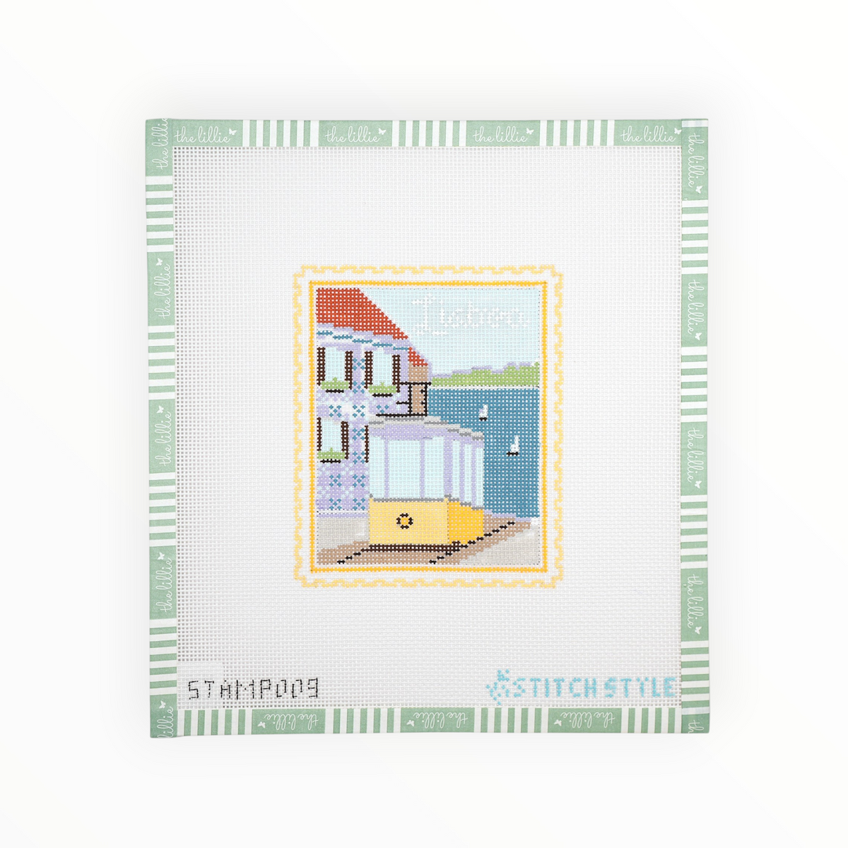 Lisbon Tram Stamp needlepoint canvas by Stitch Style