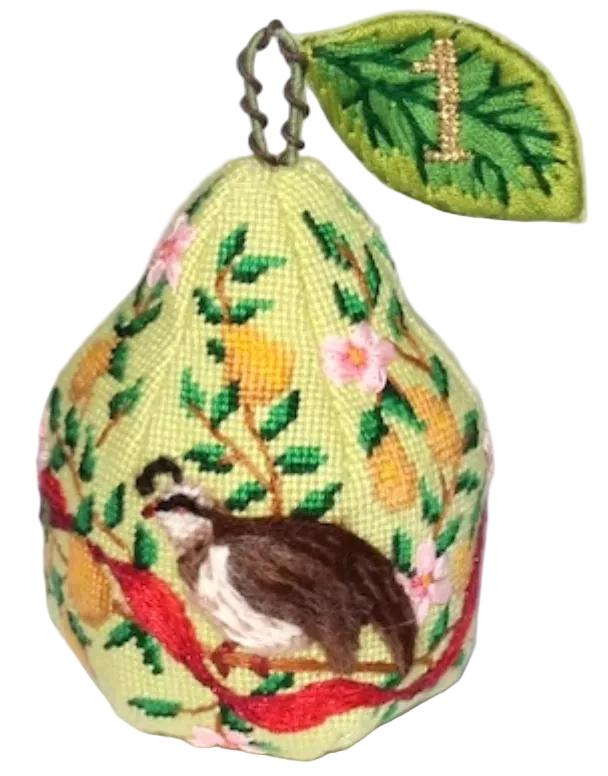 Christmas Pear Ornament – Day 4, Calling Birds needlepoint canvas by Kate Dickerson (view 2)