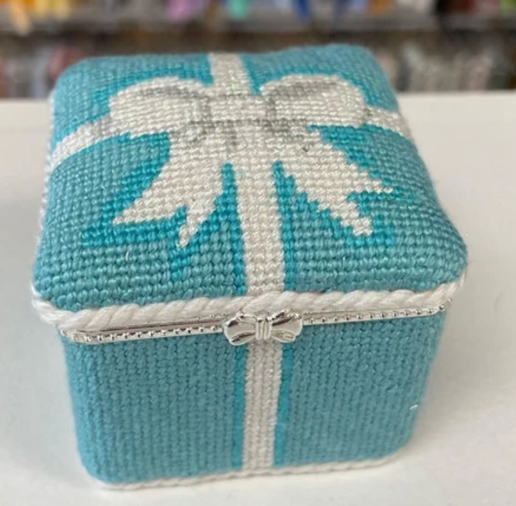 Limoges Box – Sm. Square Tiffany Wrapped Box needlepoint canvas by Kate Dickerson — view 2