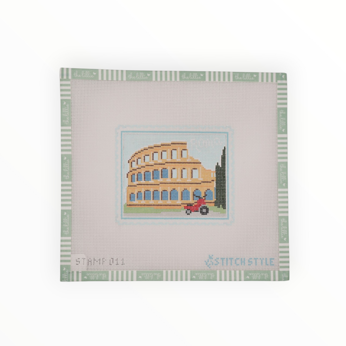 Rome Colosseum Travel Stamp needlepoint canvas by Stitch Style, 18 mesh