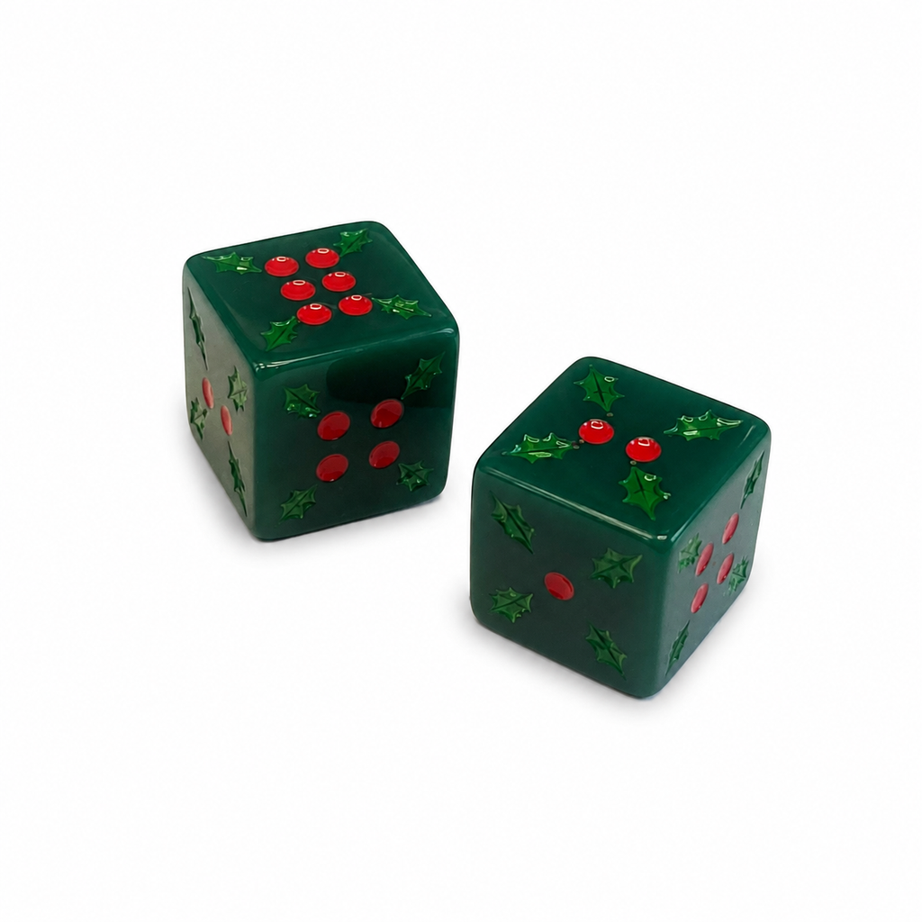 Dear Santa Christmas Dice by Anders Ruff Design Co. with green holly dice and red holly berry pips