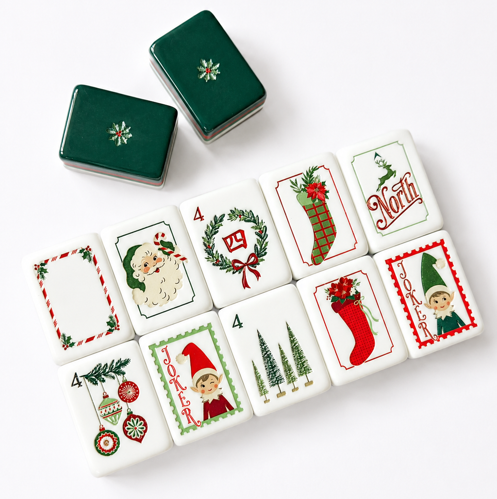 Dear Santa Mahjong Tile Set by Anders Ruff Design Co. with Christmas tiles and storage case