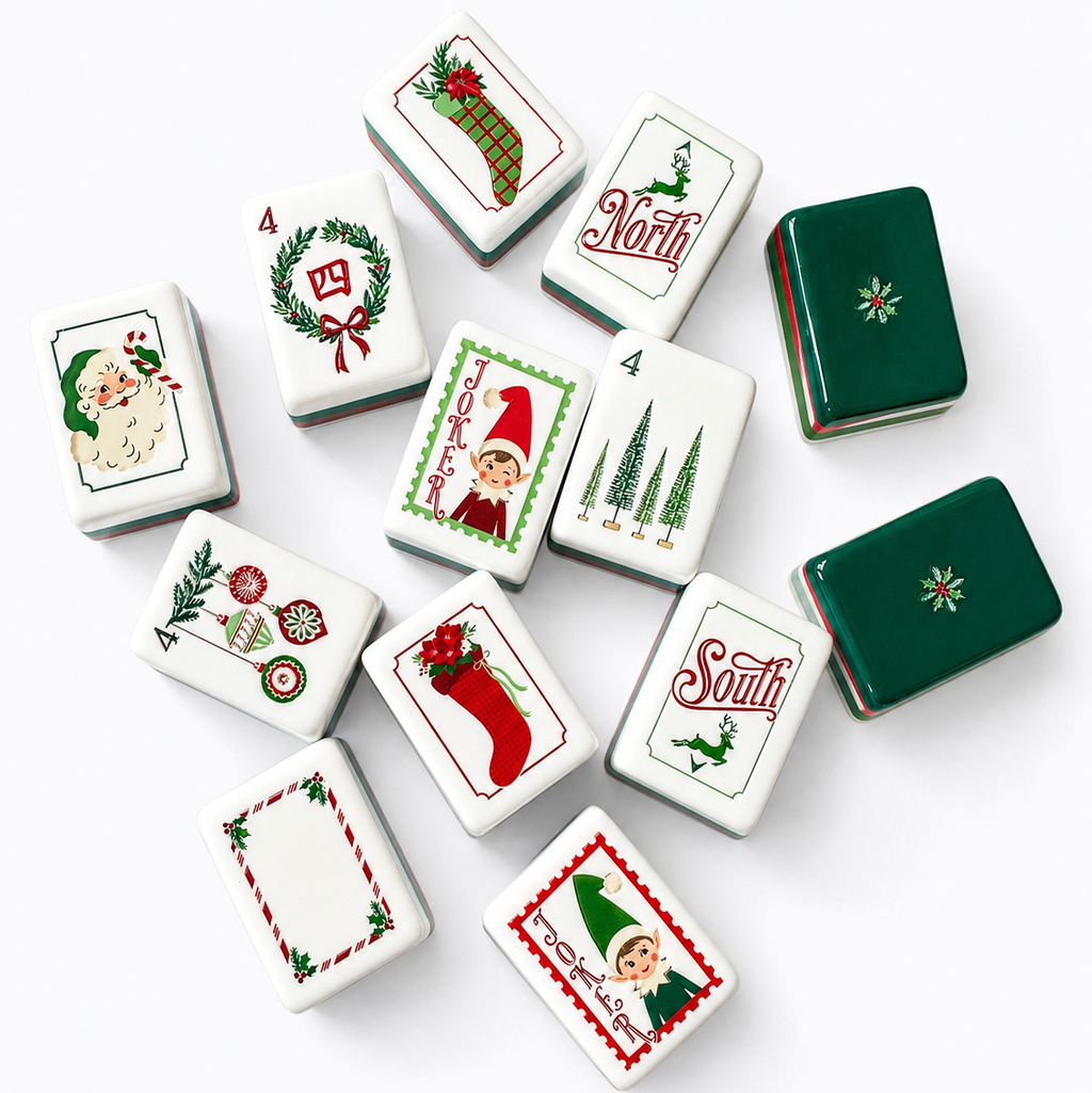 Dear Santa mahjong tiles detail with ornament dots, bottle brush tree bams and wreath cracks