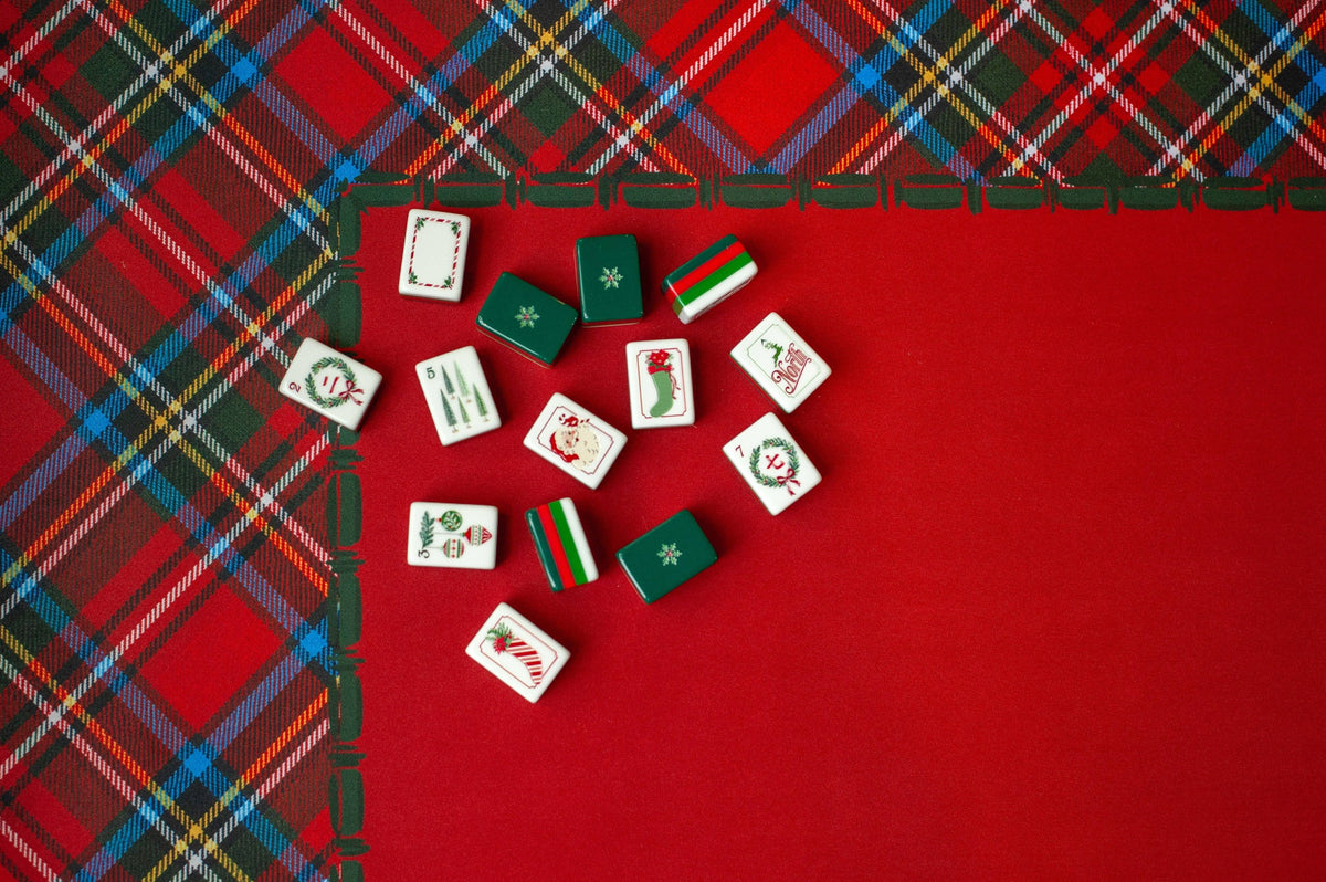 Dear Santa mahjong tiles laid out on a tartan mat