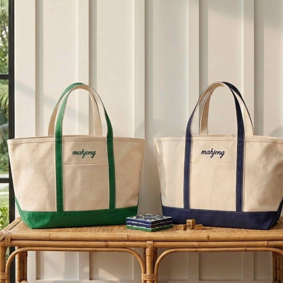 Classic Mahjong Tote Bag Set with matching zipper pouch in green and navy