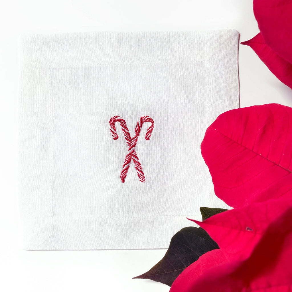 Embroidered Linen Cocktail Napkins - Christmas