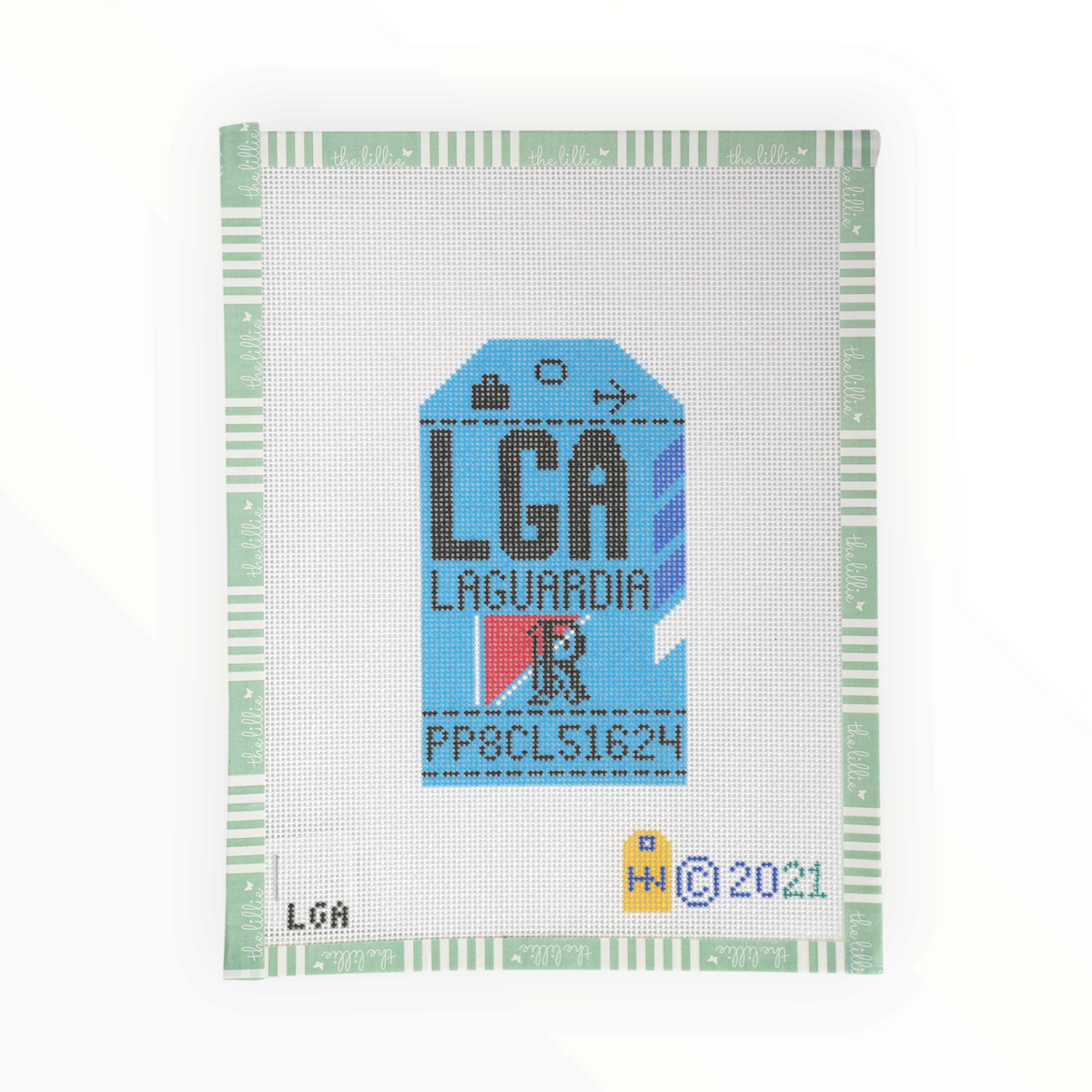 La Guardia New York Retro Travel Tag needlepoint canvas by Hedgehog Needlepoint, 18 mesh